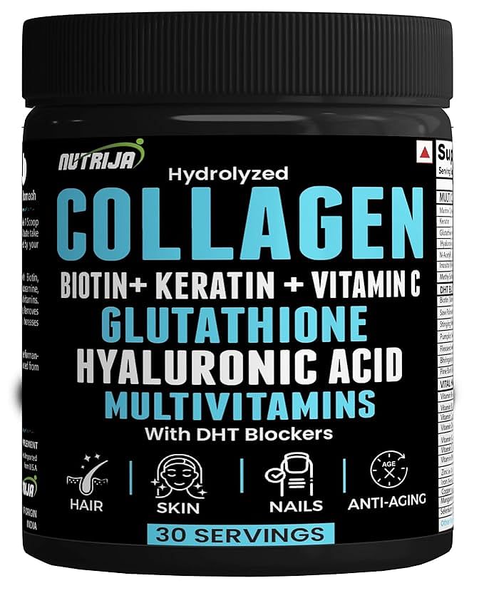 

NutriJa Collagen Powder with Glutathione, Hyaluronic Acid, Vitamin C, E, Zinc with DHT Blockers & Multivitamins - 30 Servings (Unflavoured)