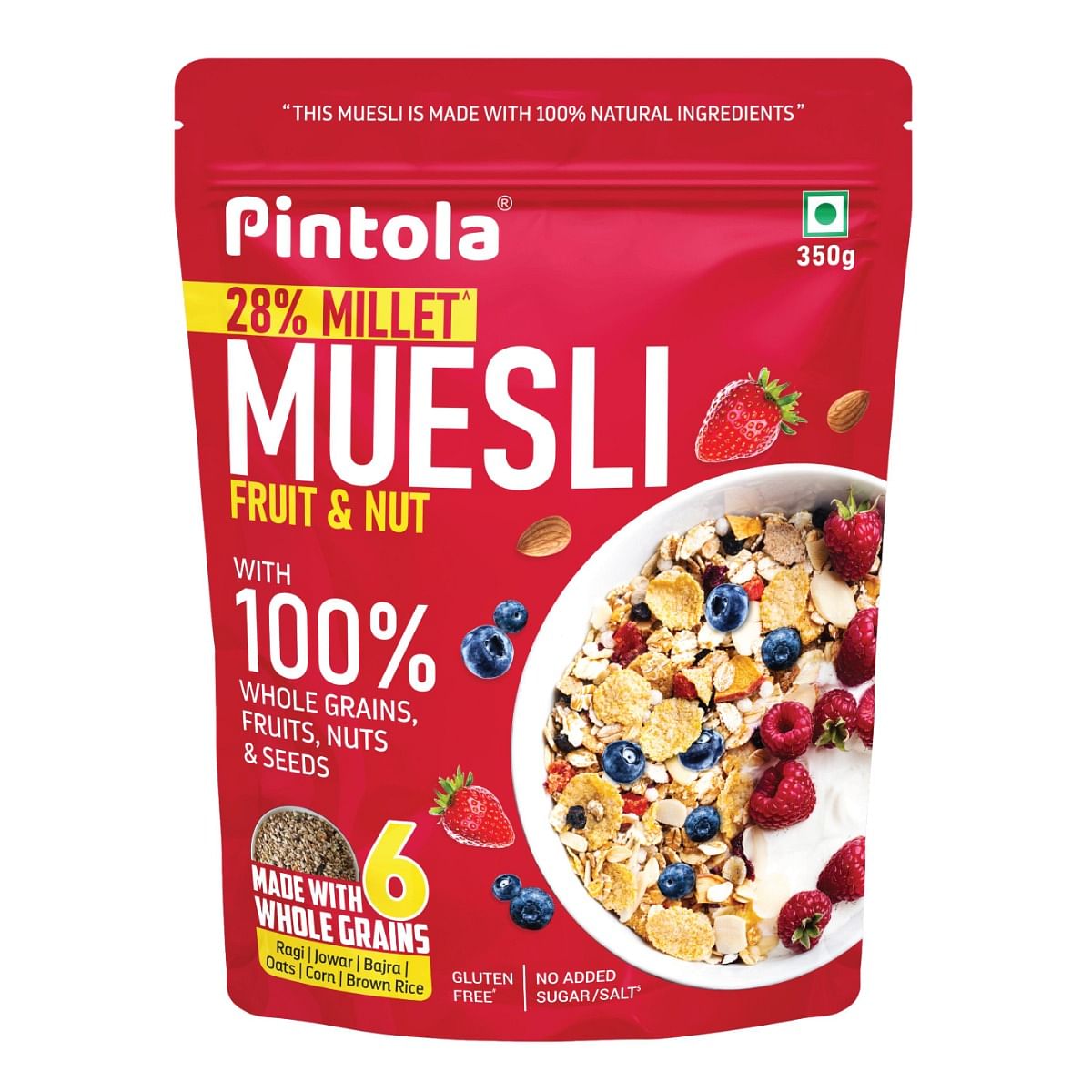 

Pintola Fruit & Nut Muesli with 28% Millet & 68% Wholegrains (350g), Healthy-Fruity Breakfast cereal with 6 nuts, dried fruits & Dates, No Preserva...