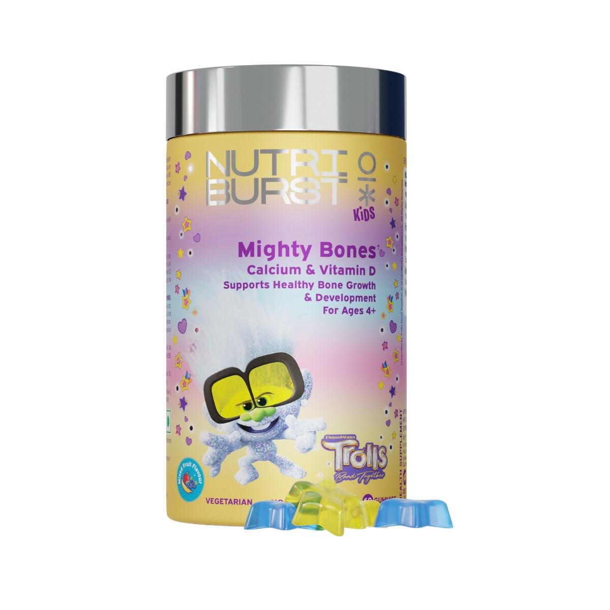 

Nutriburst Mighty Bones Trolls Kids Gummies - Calcium & Vit D for Strong Bones & Immune Support - Sugar-Free, Gluten-Free, Mixed Fruit Flavor, Chew...