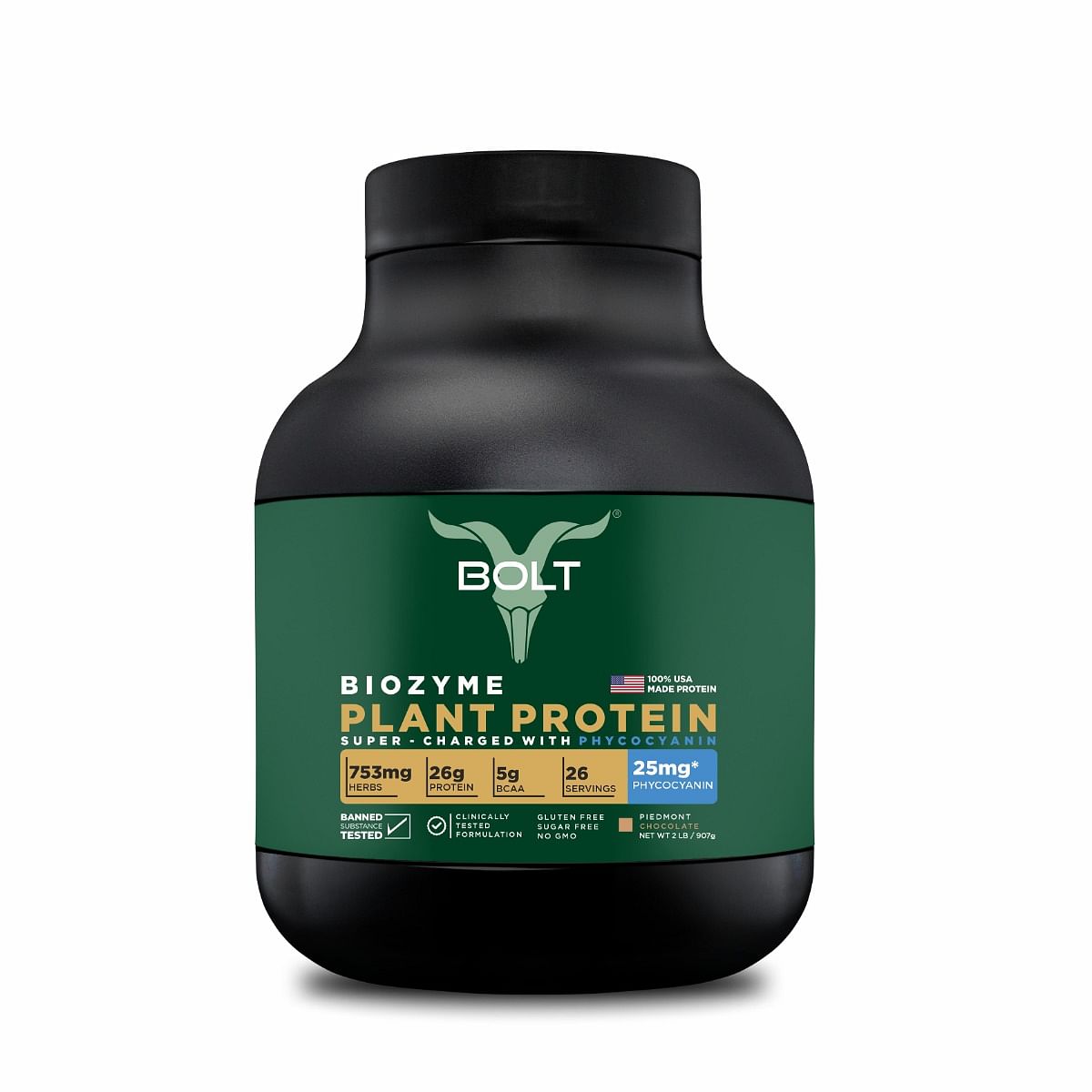 

Bolt Biozyme Plant Protein Super-Charged With Phycocyanin, 26 g Protein | 2 lb, 907g | Piedmont Chocolate | Quick muscle recovery, Lean muscle growth