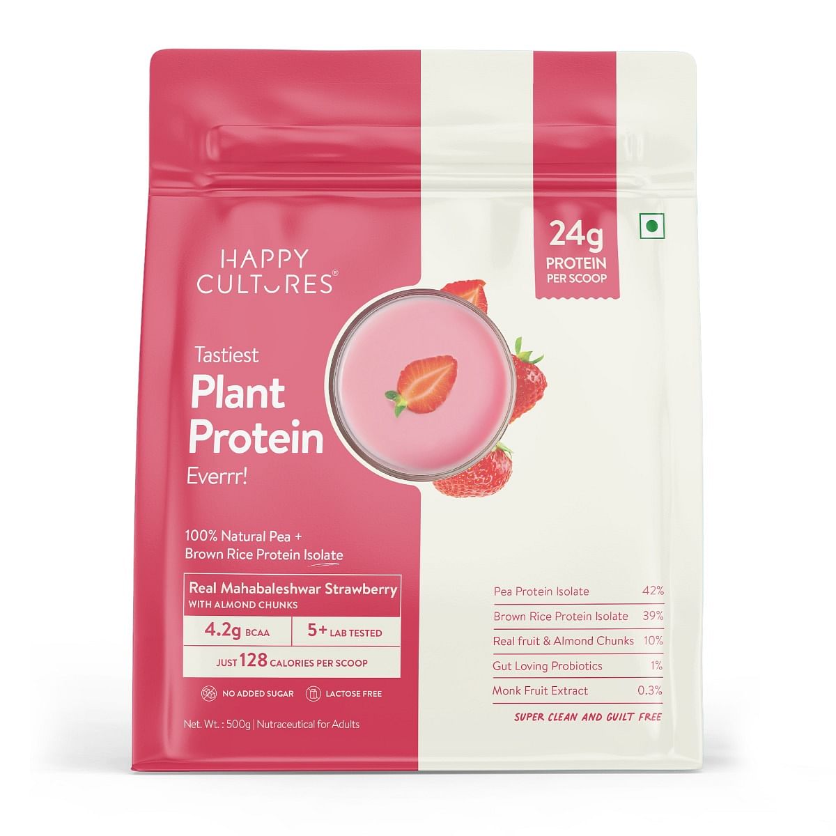

Happy Cultures 24g Tastiest Plant Protein| Mahabaleshwar Strawberry & Almond Chunks| No Added Sugar| Pea & Brown Rice Protein Isolate| Vegan| 20 Co...