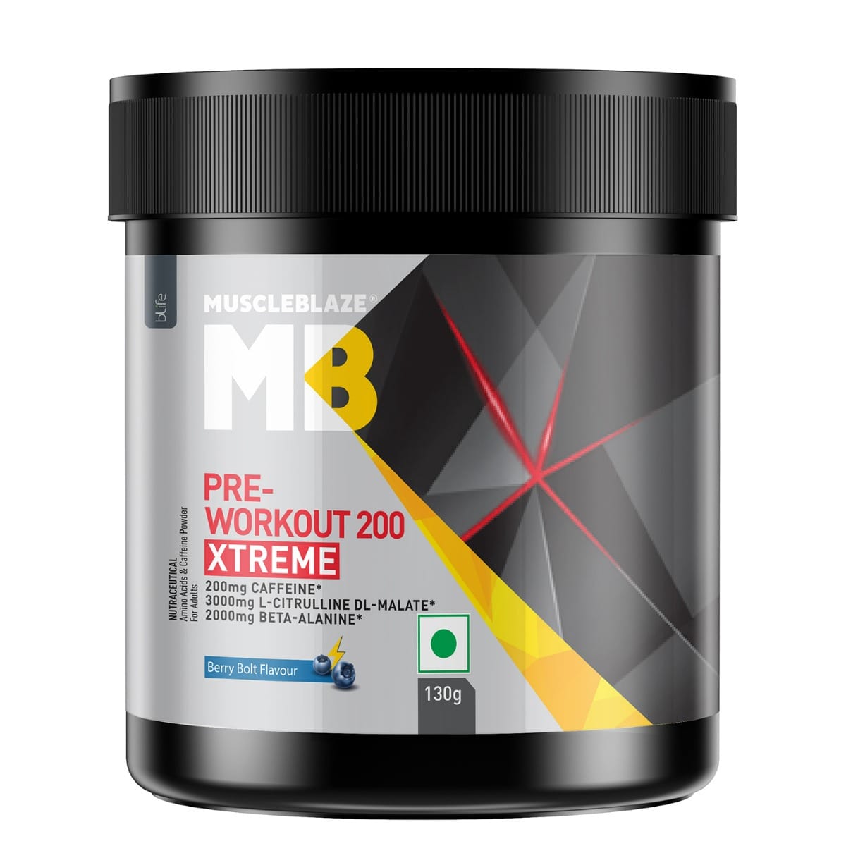

MuscleBlaze Pre Workout 200 Xtreme | 200mg Caffeine, 200mg Theanine, 2000mg Beta Alanine, 3000mg Citrulline (Berry Bolt, 130g, 20 Servings)