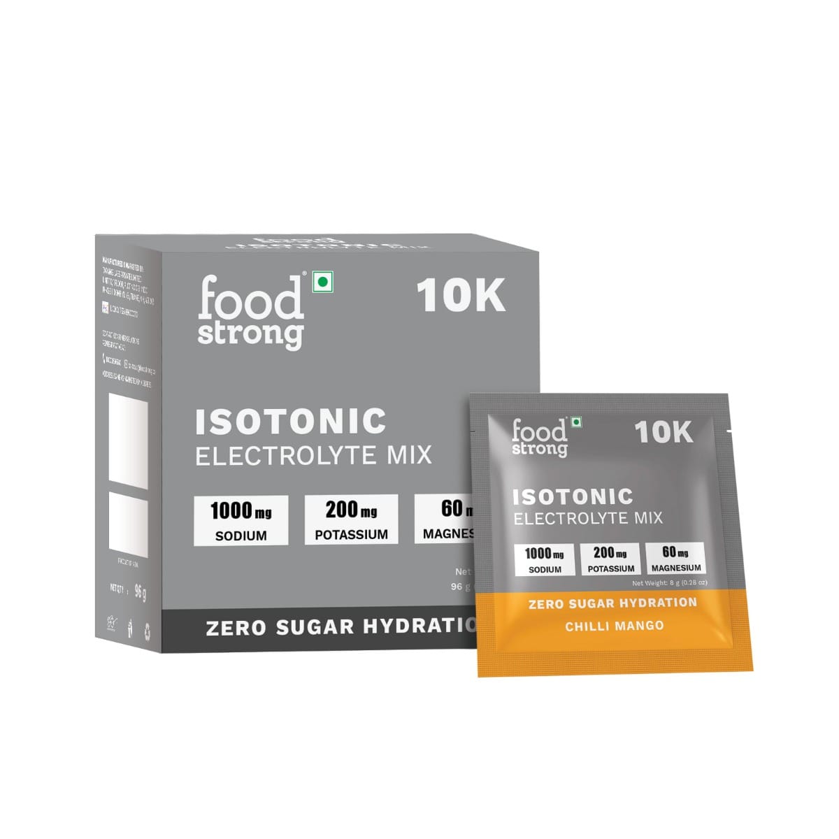 Foodstrong 10K Isotonic Electrolyte Mix – Zero Sugar Hydration | 1000mg Sodium, 200mg Potassium, 60mg Magnesium | Electrolyte Drink Mix – 8g Sachet, Pack of 12