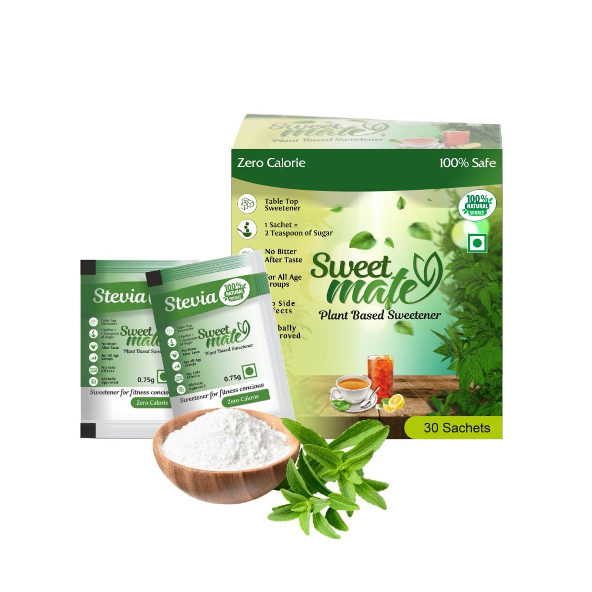 Sweetmate Stevia Sachets (30 Sachet) | 100% Sugar Free, Natural, Diabetic Friendly | Plant-Based Natural Sweetener Powder, Zero Calories | Vegan & Keto Friendly Stevia Powder