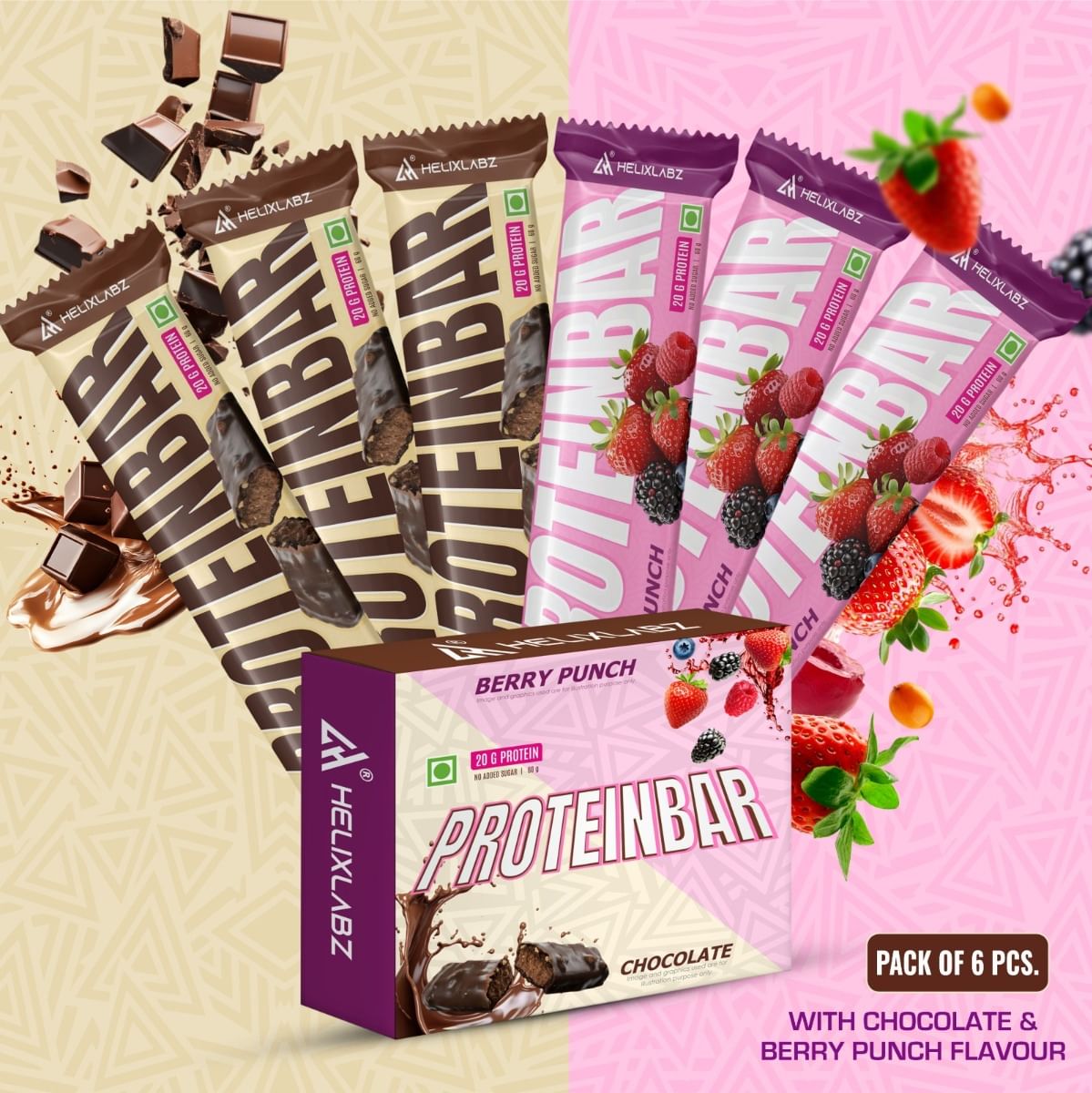

Helixlabz High Protein Bar 20.4g Protein , 5.2g Fiber | Chocolate & Berry Punch -60 Gm | 3-3 Pcs (Pk of 6 )