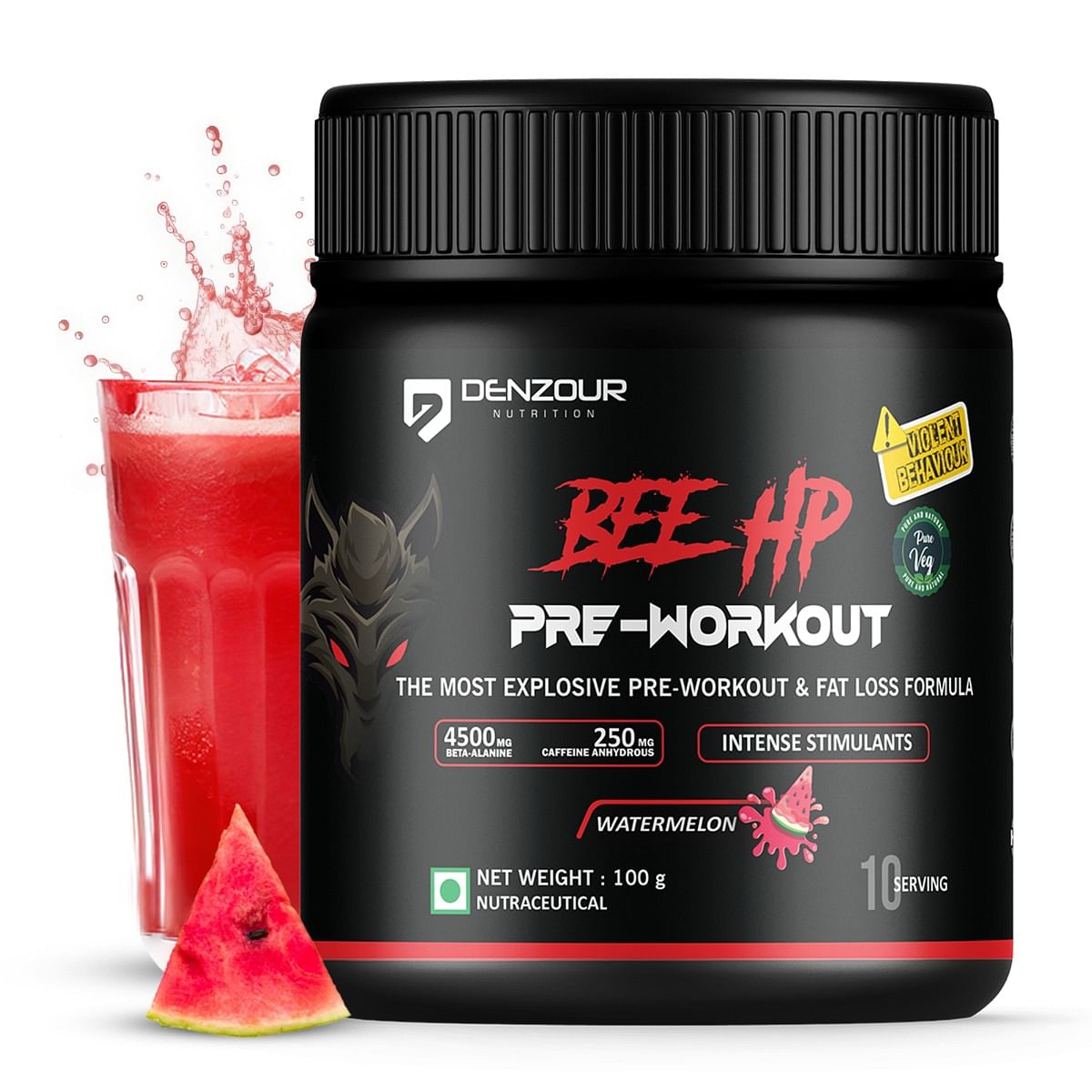 

Denzour Nutrition BEE-HP Pre-Workout with 750mg Creatine Monohydrate & 4500mg Beta-Alanine, Intense Energy with Fat Loss Formula, 100g - Watermelon