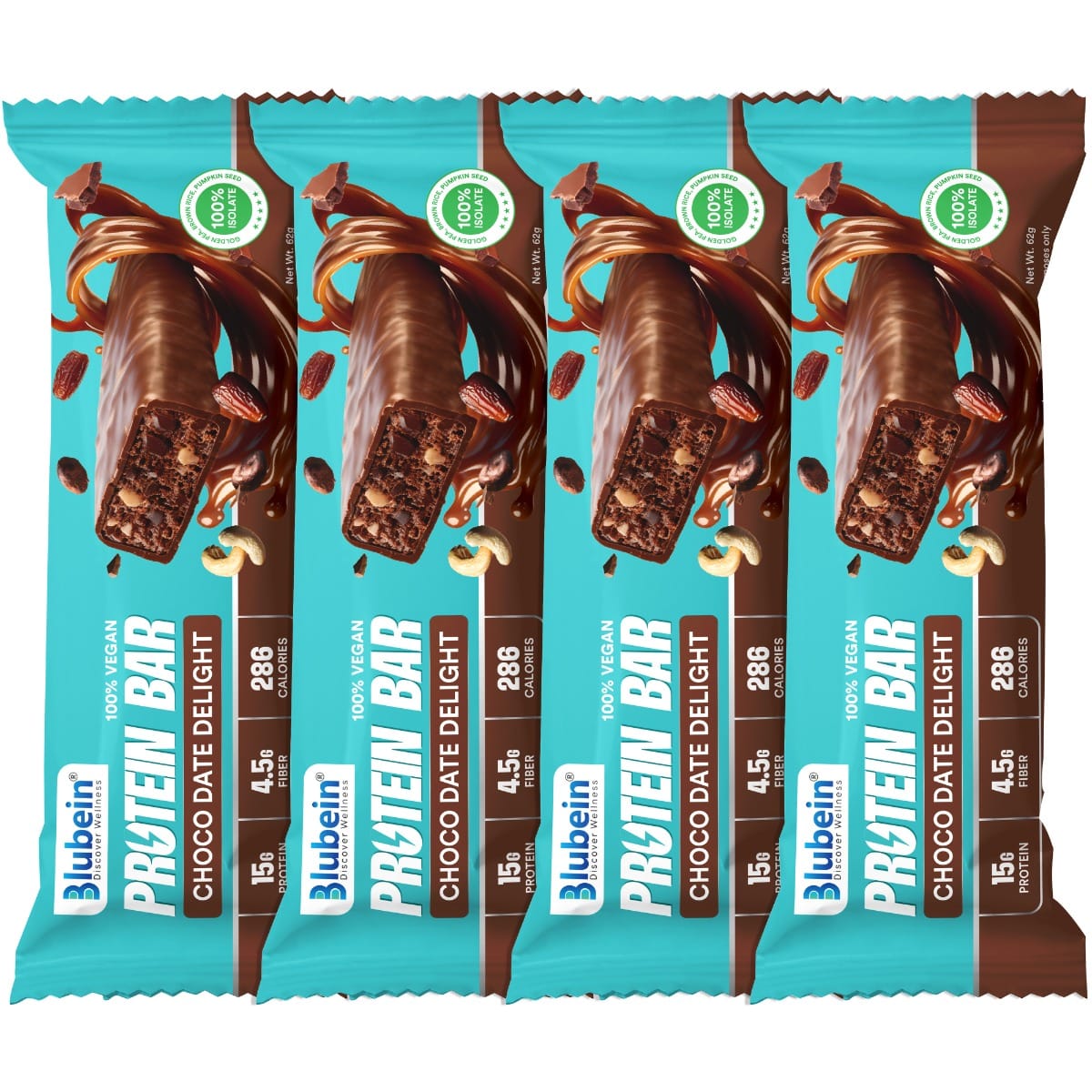 

Blubein 15g Plant Protein Bars | Choco Date Delight | Lactose-Free | 4.5g High Fibre | No Preservatives | No Added Sugar (Pack of 4)