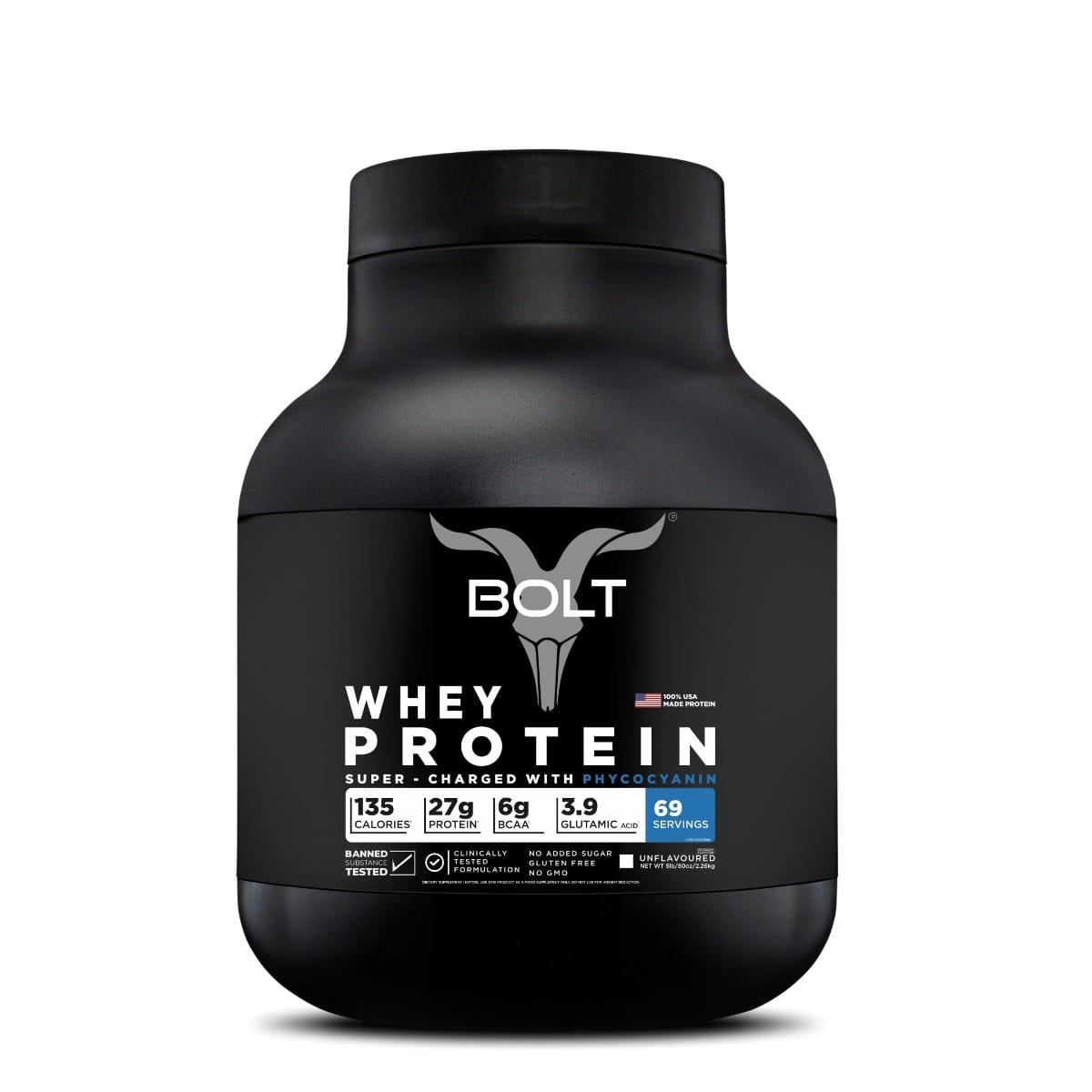 

Bolt 100% Whey Protein Powder|With Superfood Phycocyanin|5Lb/2.268kg (69 Servings) | Unflavoured