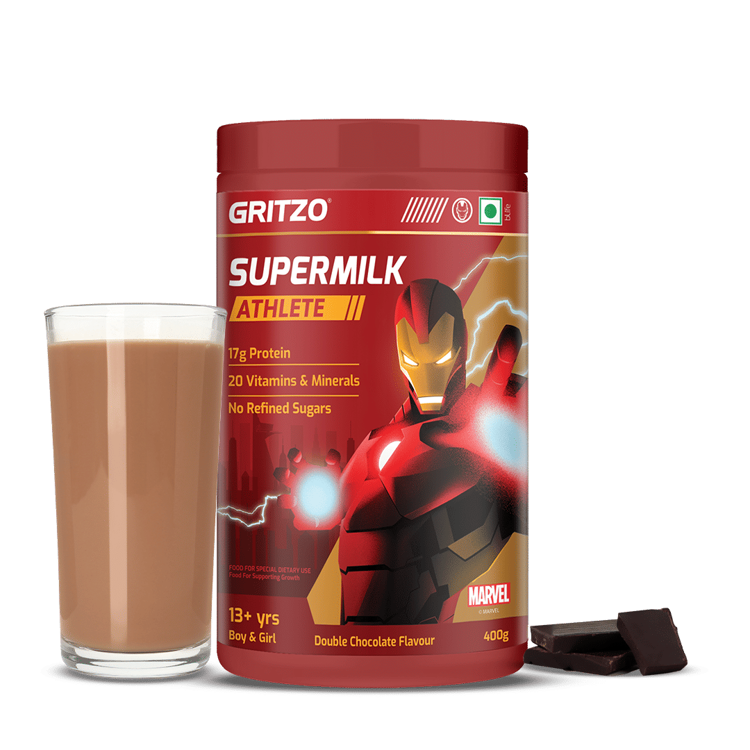 

Gritzo SuperMilk Athlete Iron Man (13+y Boy & Girl), 17g Protein Powder | No Refined Sugars, 20 Vitamins & Minerals (Double Chocolate, 400g)