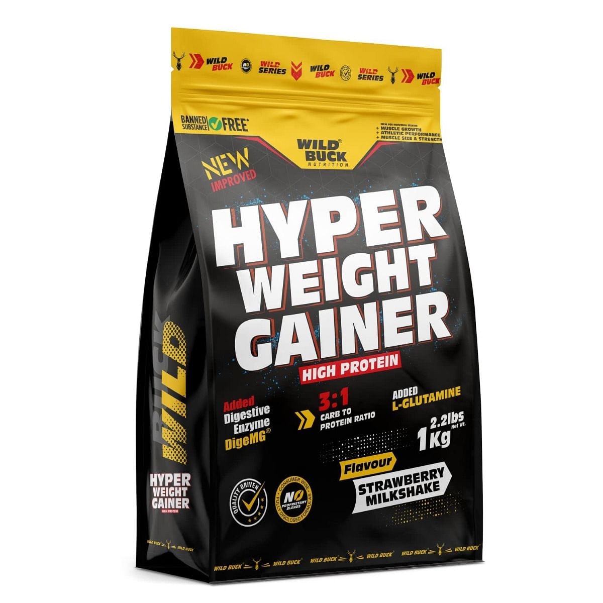 

WILD BUCK Hyper Weight Gainer With Protein,Glutamine,Minerals & Enzymes For Massive Gain Weight Gainers/Mass Gainers (1 kg, Strawberry Milkshake)