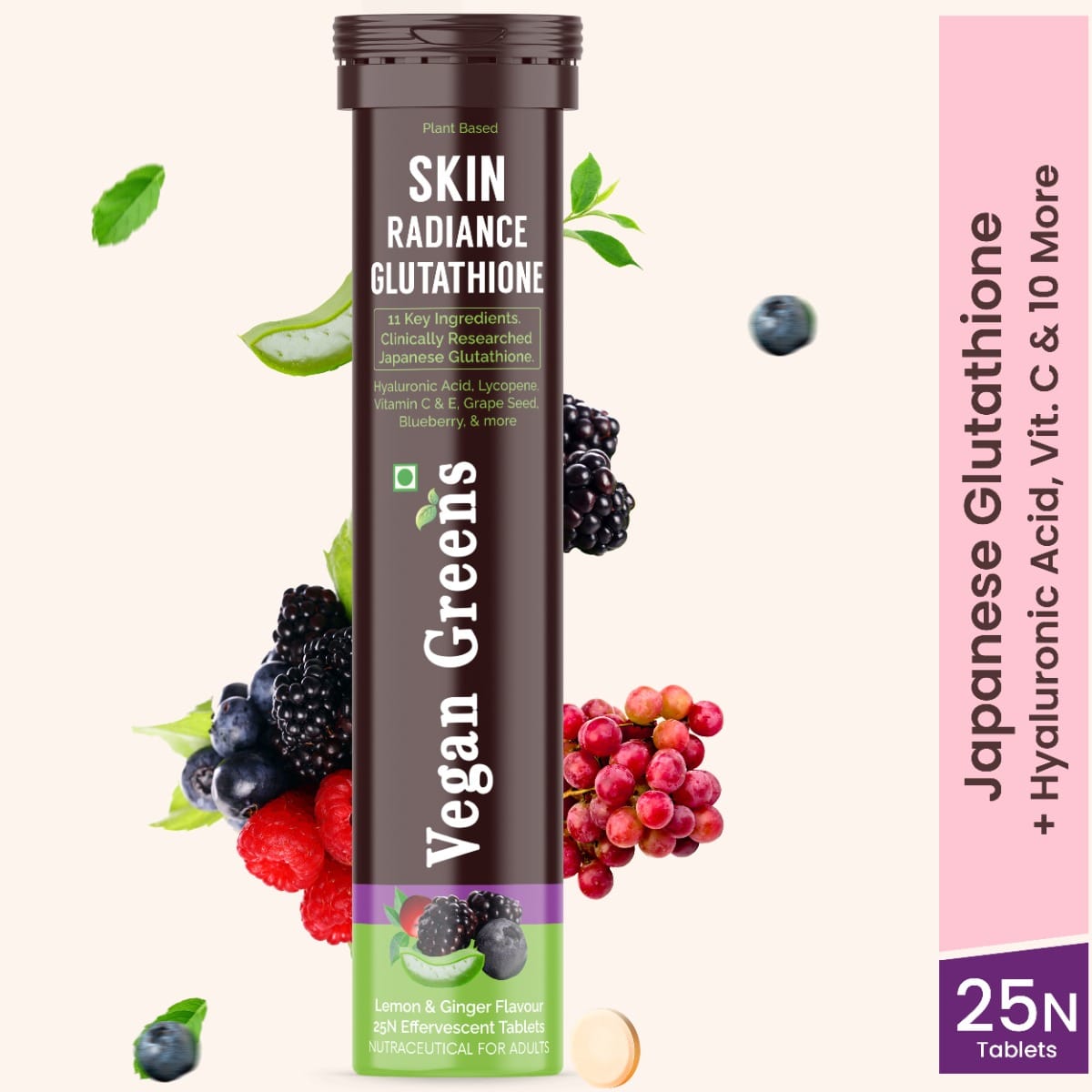 

Vegan Greens Skin Radiance Japanese Glutathione with Hyaluronic Acid, Aloe Vera, Lycopene, Vitamin E & C, Grape Seed. For Skin Whitening, Glow & Hy...
