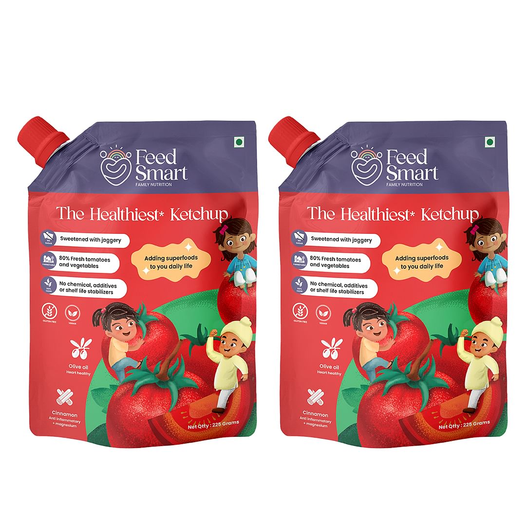 

Feed Smart The Healthiest Tomato Ketchup | Farm Fresh Real Red Riped, Sweetened by Jaggery, 100% Clean Ketchup | 225g | Pack of 2