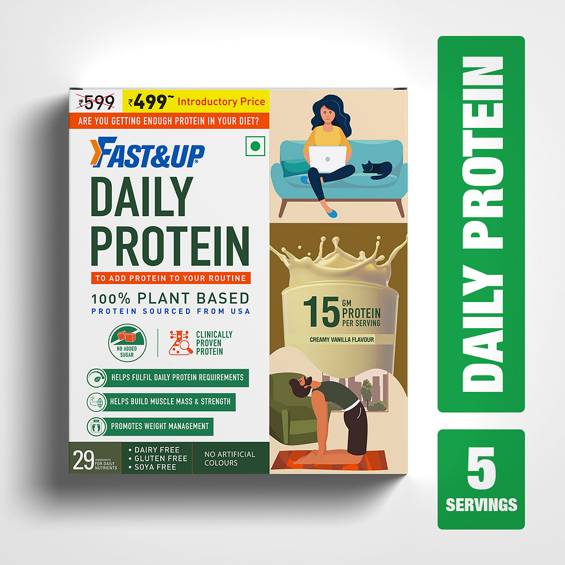 

Fast & Up Daily Protein |15g Plant Protein | Fulfils Daily Protein Requirement | 29 Ingredients for Daily Nutrition | (150 g, 5 Servings, Creamy Va...