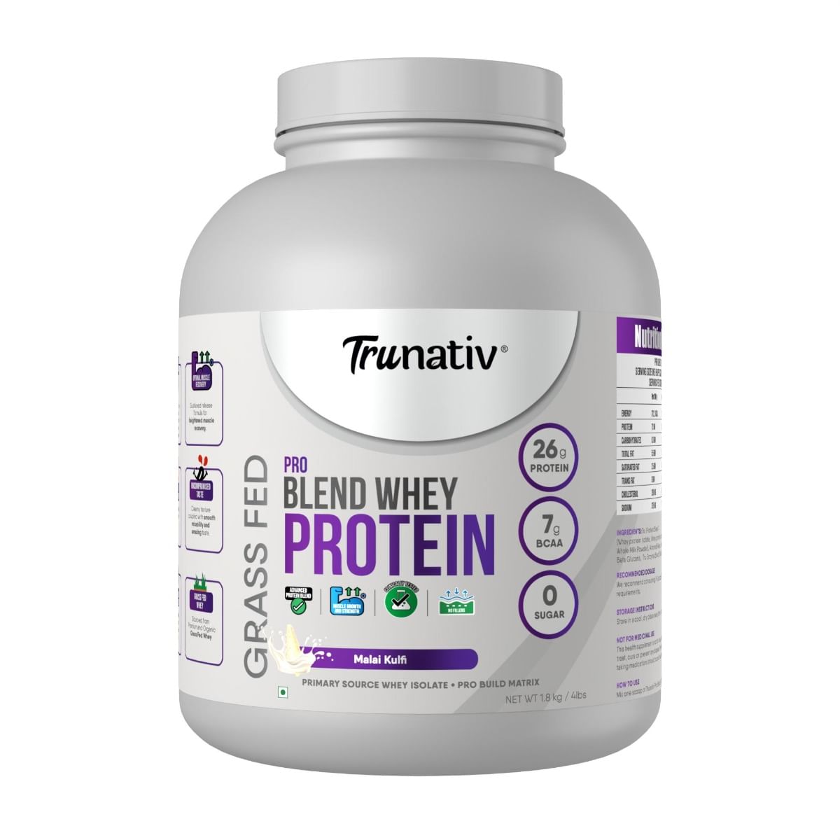 

Trunativ Pro Blend Whey Protein Isolate for Workout Vegetarian, 26g Protein, Malai Kulfi Sugar Free, Gluten free with Enzymes for Digestion, Muscle...