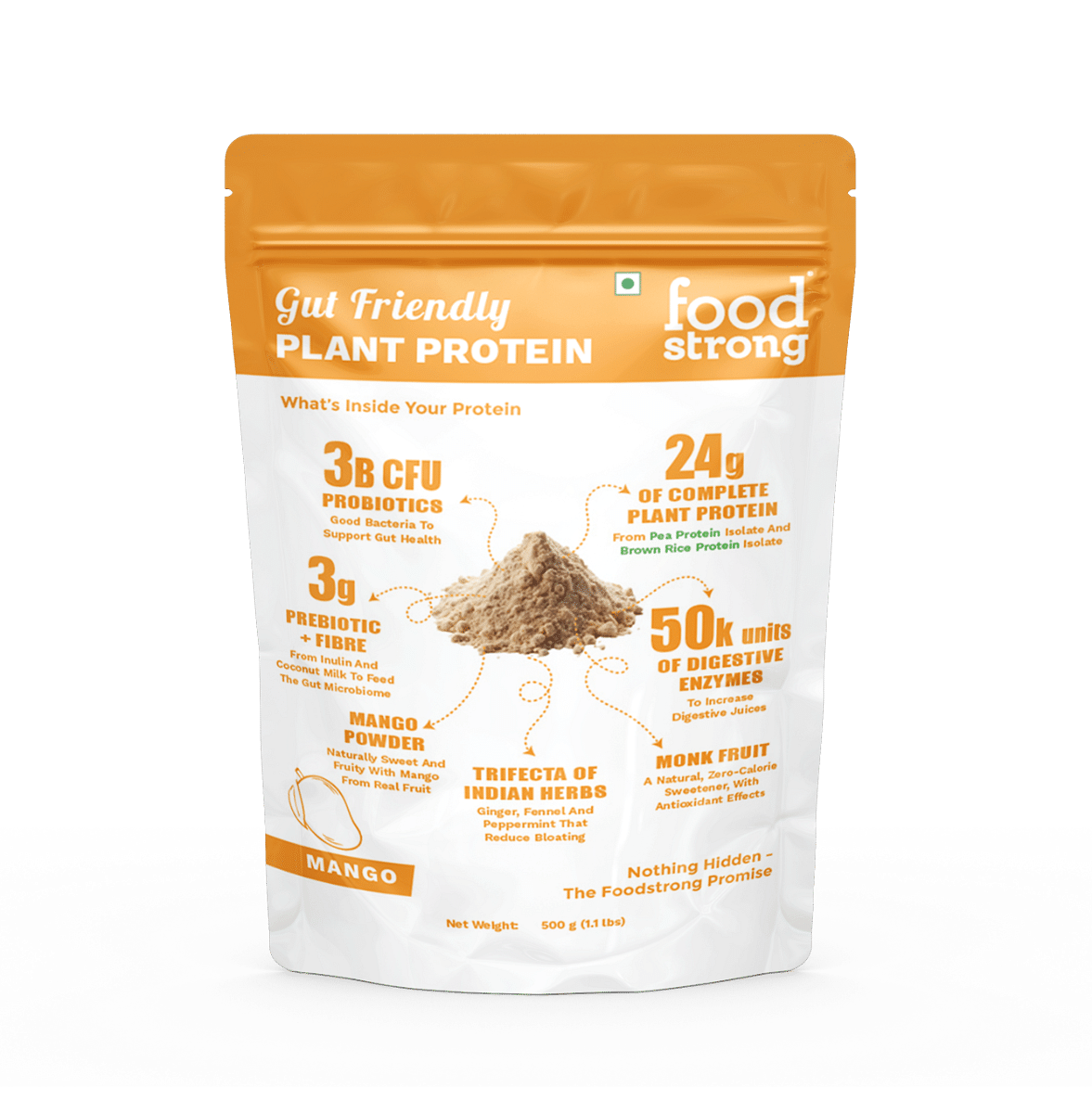 

Foodstrong Gut Friendly Plant Protein - Mango | 24g Complete Plant Protein with Probiotics, Digestive Enzymes, Prebiotics & Indian Herbs | Vegan | ...