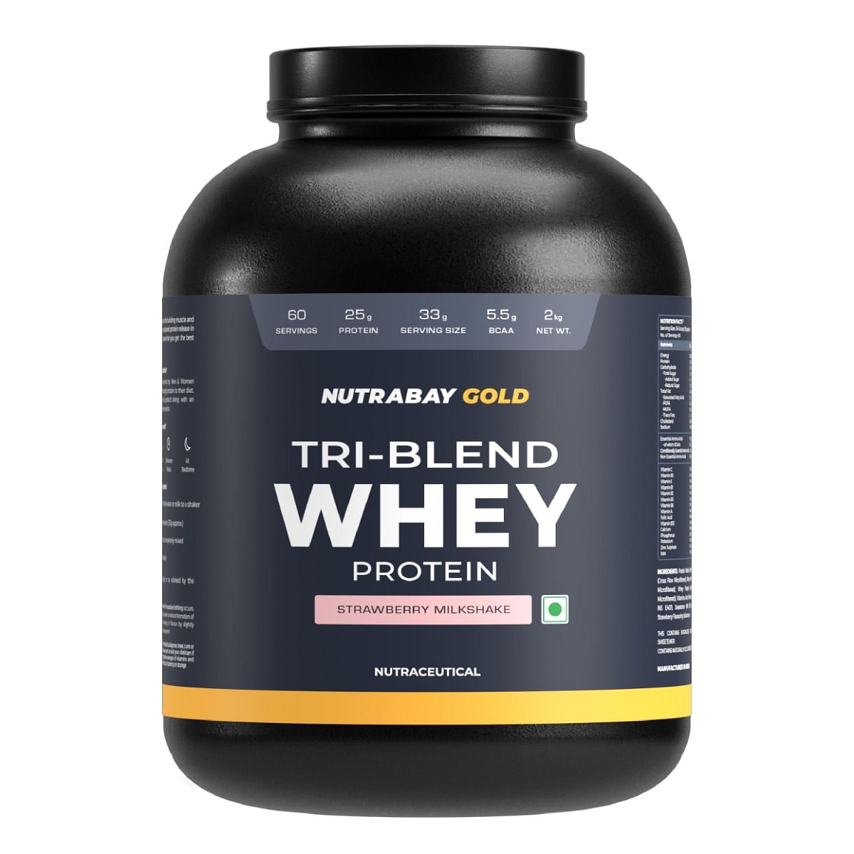 

Nutrabay Gold Tri Blend Whey Protein Powder (Hydrolyzed, Isolate & Concentrate) - 25g Protein, 5.5g BCAA - 2Kg, Strawberry Milkshake