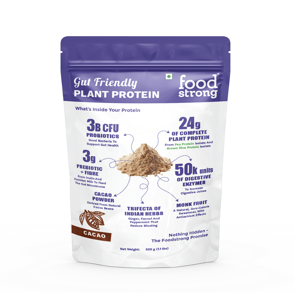 

Foodstrong Gut Friendly Plant Protein - Chocolate (Cacao) | 24g Complete Plant Protein with Probiotics, Digestive Enzymes, Prebiotics & Indian Herb...