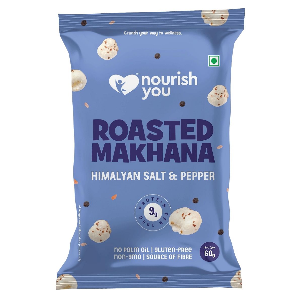 

Nourish You Roasted Makhana - Himalayan Salt & Pepper Flavoured, Healthy Snacks , Gluten free -60gm