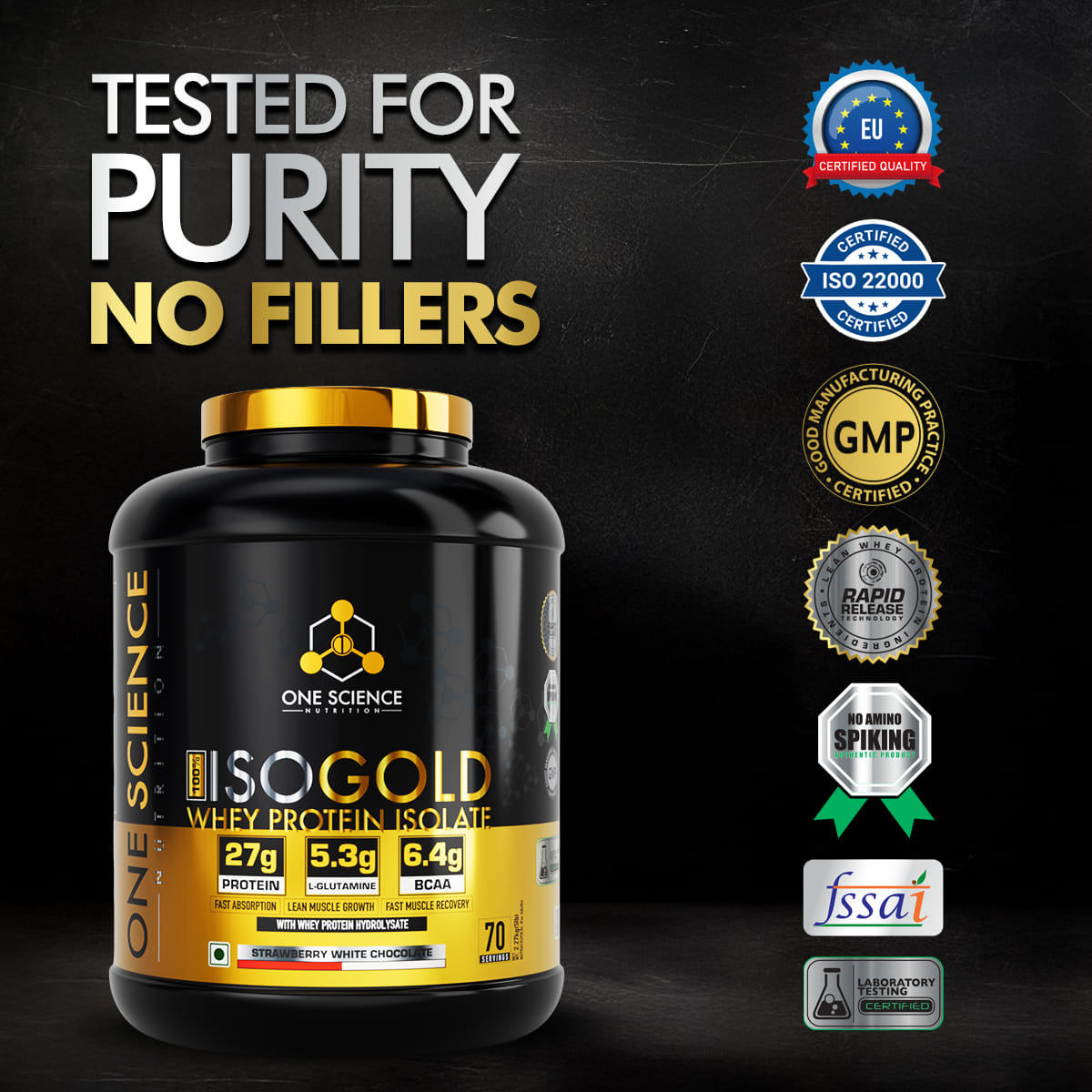 

One Science Nutrition ISO Gold Whey Protein Isolate | 27g Protein, 5.3g L-Glutamine, 6.4g BCAA | Fast Absorption & Lean Muscle Support | Strawberr...