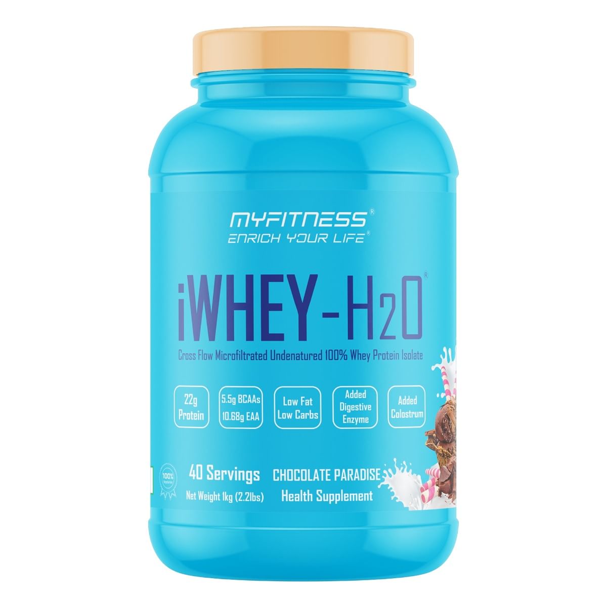 

MYFITNESS ® iWHEY- H2O 40 Servings|Whey Protein Isolate| 88% Premium Whey Protein Isolate Per Serving|5.5g BCAA| 10.68g EAA| Added Digestive Enzyme...