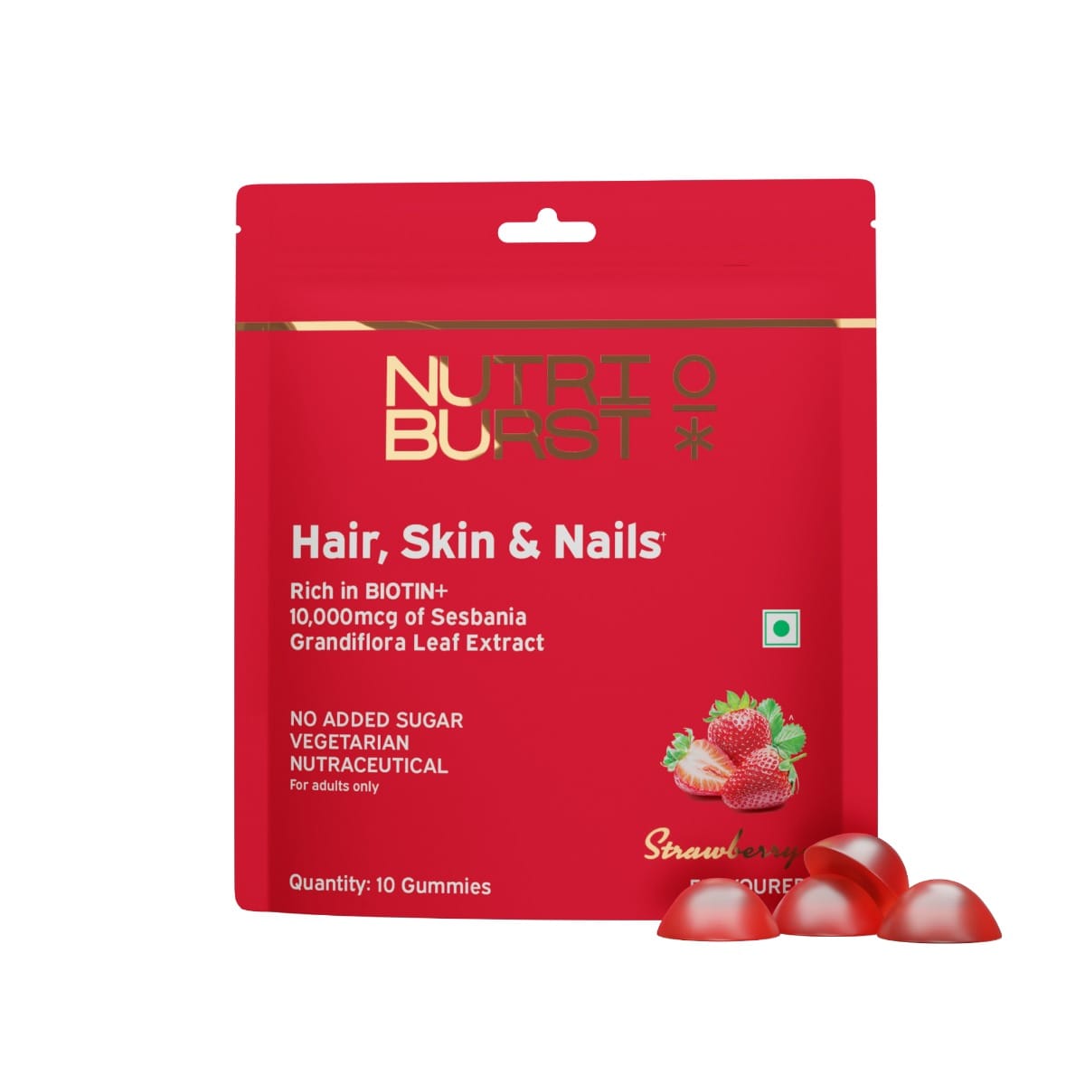 Nutriburst Biotin Gummies for Healthy Hair, Skin & Nails Growth With High Potency 10000 mcg of Sesbania Extract Natural Biotin, Zinc, Folic Acid, No-Added Sugar, Strawberry Flavor