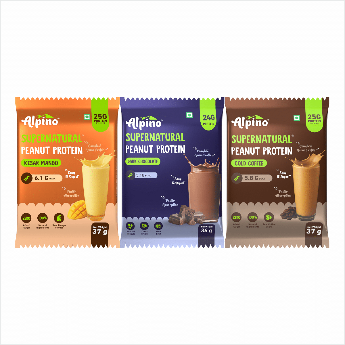 

Alpino Supernatural Peanut Protein Powder Assorted Pack of 3 (Cold Coffee + Dark Chocolate + Kesar Mango)