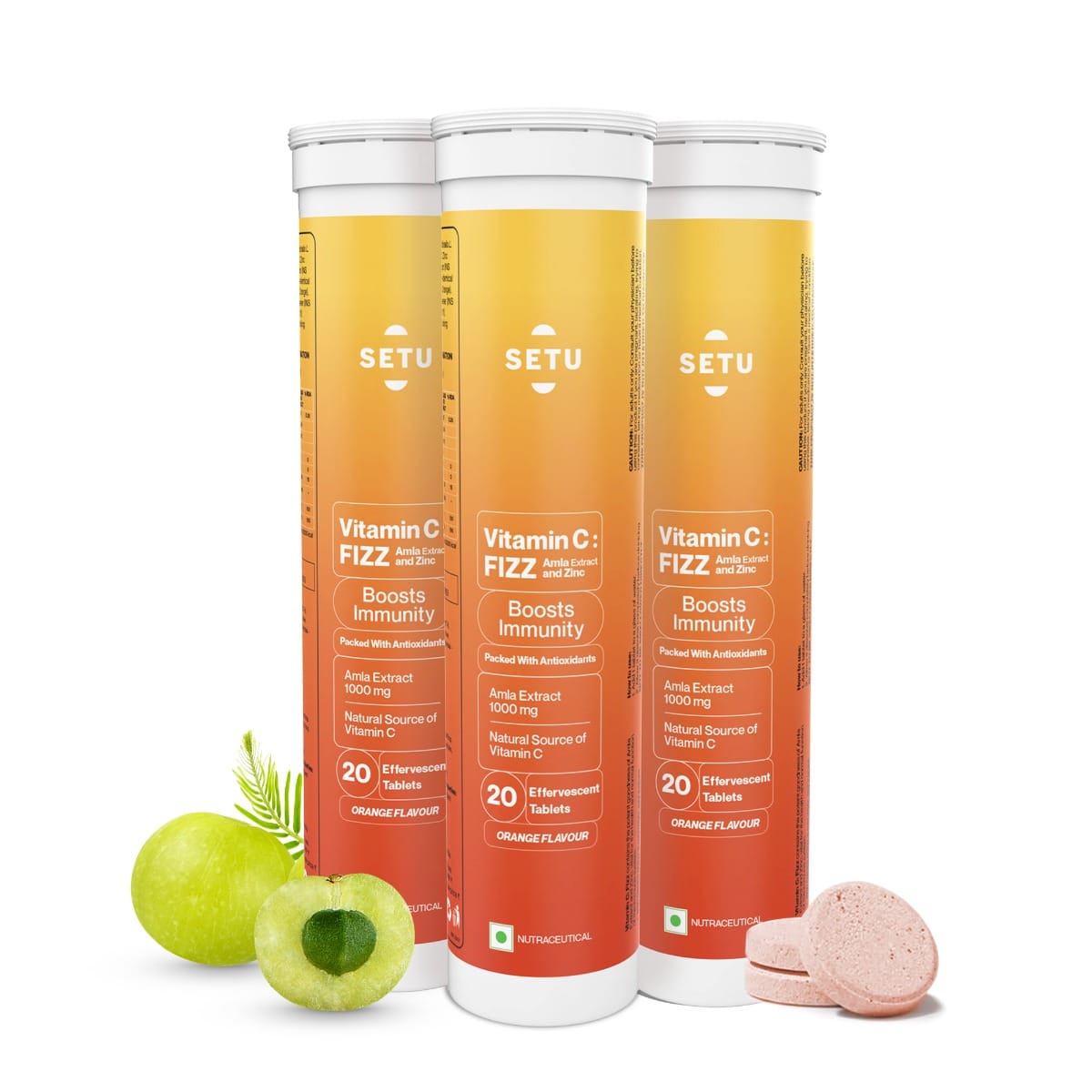 

Setu Vitamin C: Fizz - 20 Effervescent Tablets (Pack of 3) | Amla Extract and Zinc, Boost Immunity, Skin | Orange Flavour