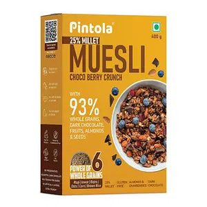 Pintola Dark Chocolate & Cranberry Muesli with 25% Millet & 60% Wholegrains, Cereals for Breakfast with 6 Varied Nuts & Seeds, No Preservatives, High Protein Muesli, Fibre Rich, Cholesterol Free