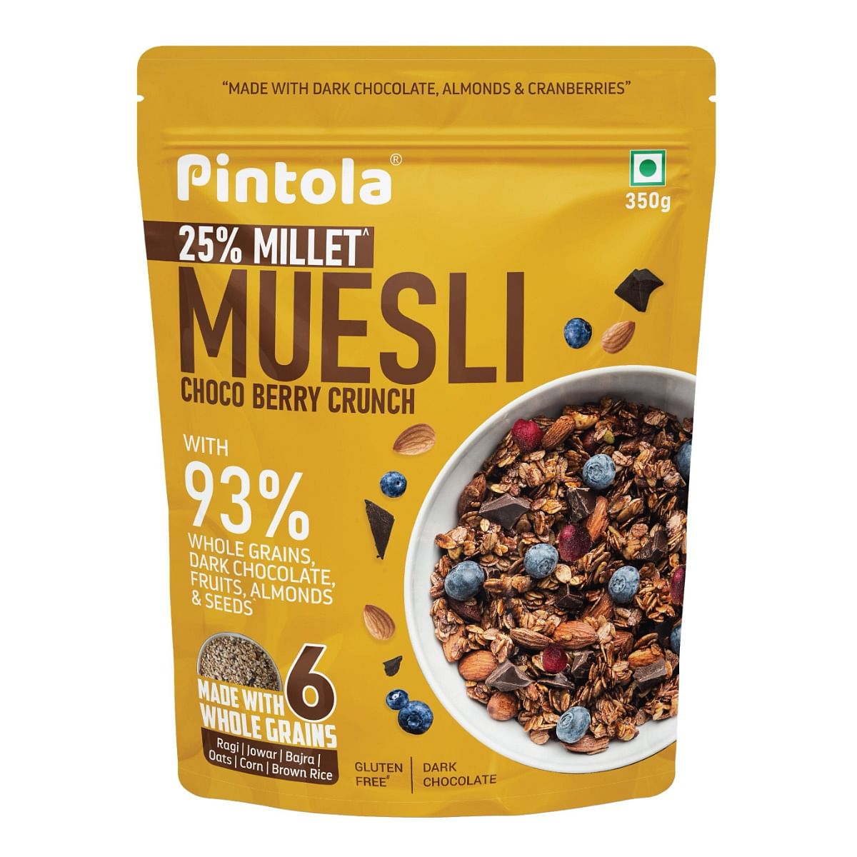 

Pintola Dark Chocolate & Cranberry Muesli with 25% Millet & 60% Wholegrains 350g, Cereals for Breakfast with 6 Varied Nuts & Seeds, No Preservative...