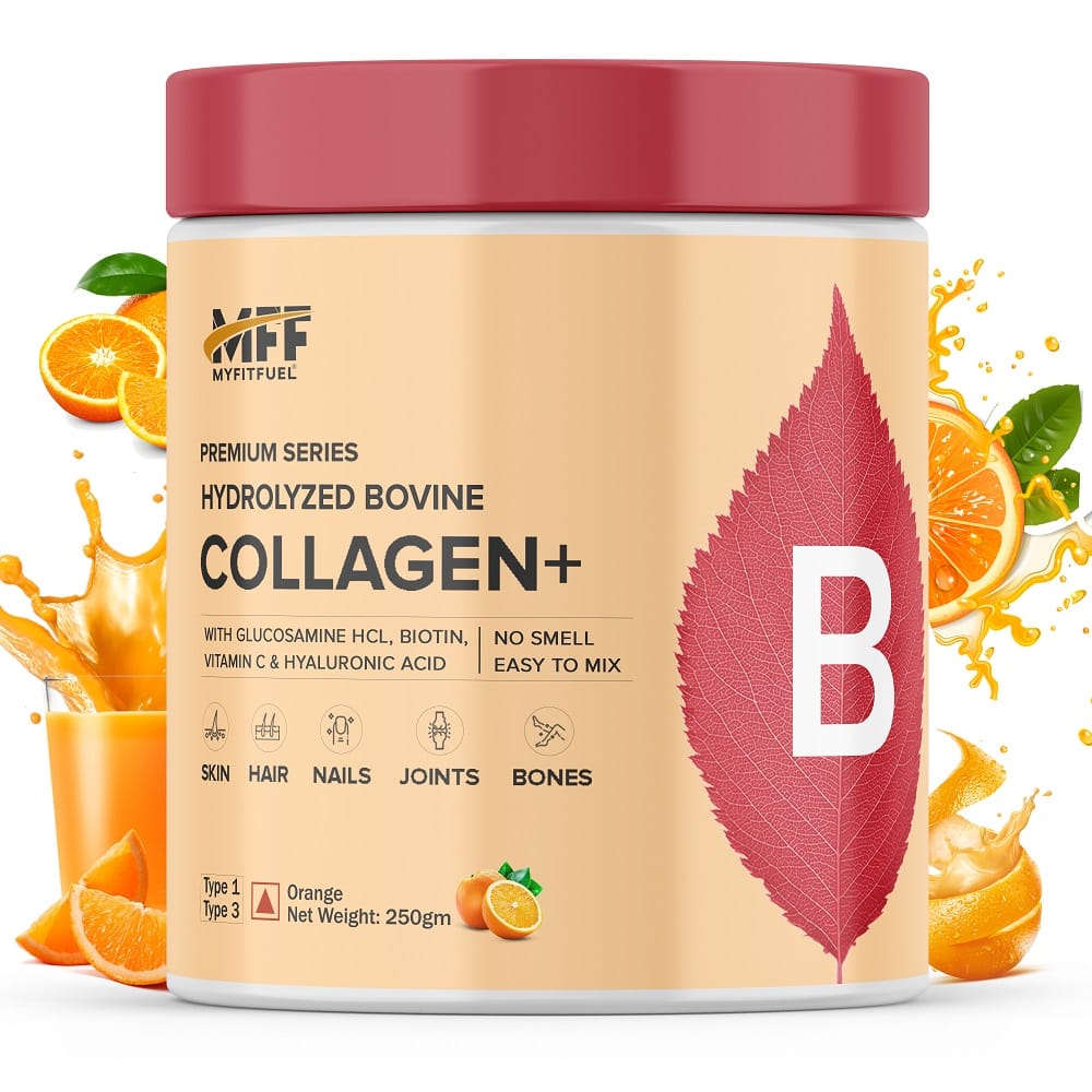 

MyFitFuel Hydrolyzed Bovine Collagen with Glucosamine, Hyaluronic Acid, Biotin, Zinc & Vitamin C | For Skin, Hair, Nails & Joints, (250gm), Orange