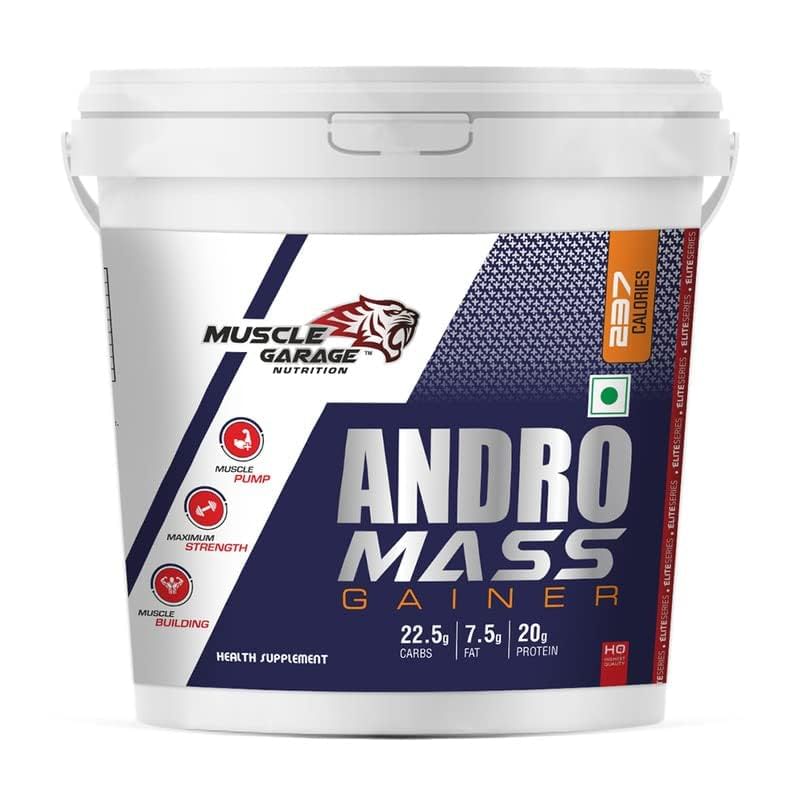 

Muscle Garage Andro Mass gainer for Bulking and Muscle Growth | 273 Kcal Energy , 20gm Protein ,22.5gm Cabs | 4.5 Kg | Choco Caramel