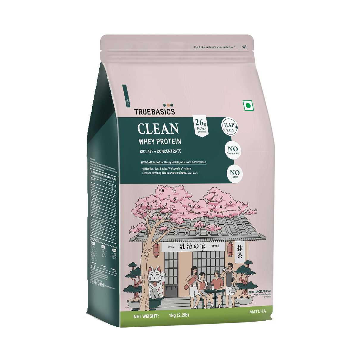 

TrueBasics Clean Whey Protein Powder Isolate & Concentrate Blend (Matcha, 1kg) | 26g Protein per Scoop | Trustified Gold Certified