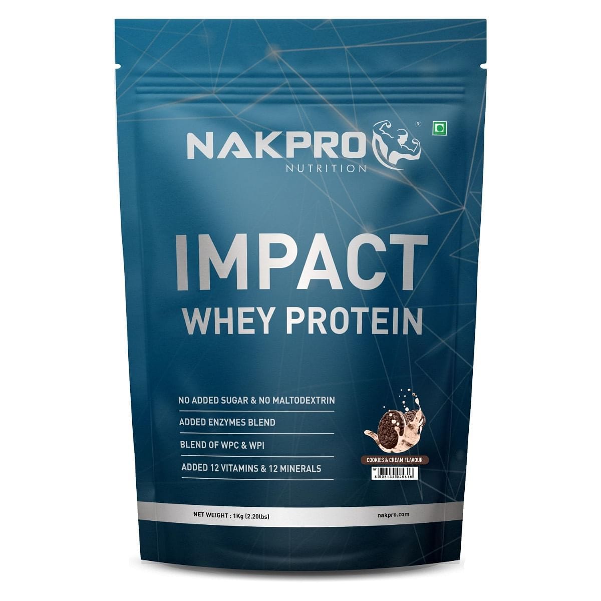 NAKPRO Impact Whey Protein 1kg | Isolate & Concentrate | 24g Protein & 4.9g BCAA | NABL Lab Tested 100% Authentic Supplement Powder - Cookies & Cream Flavour