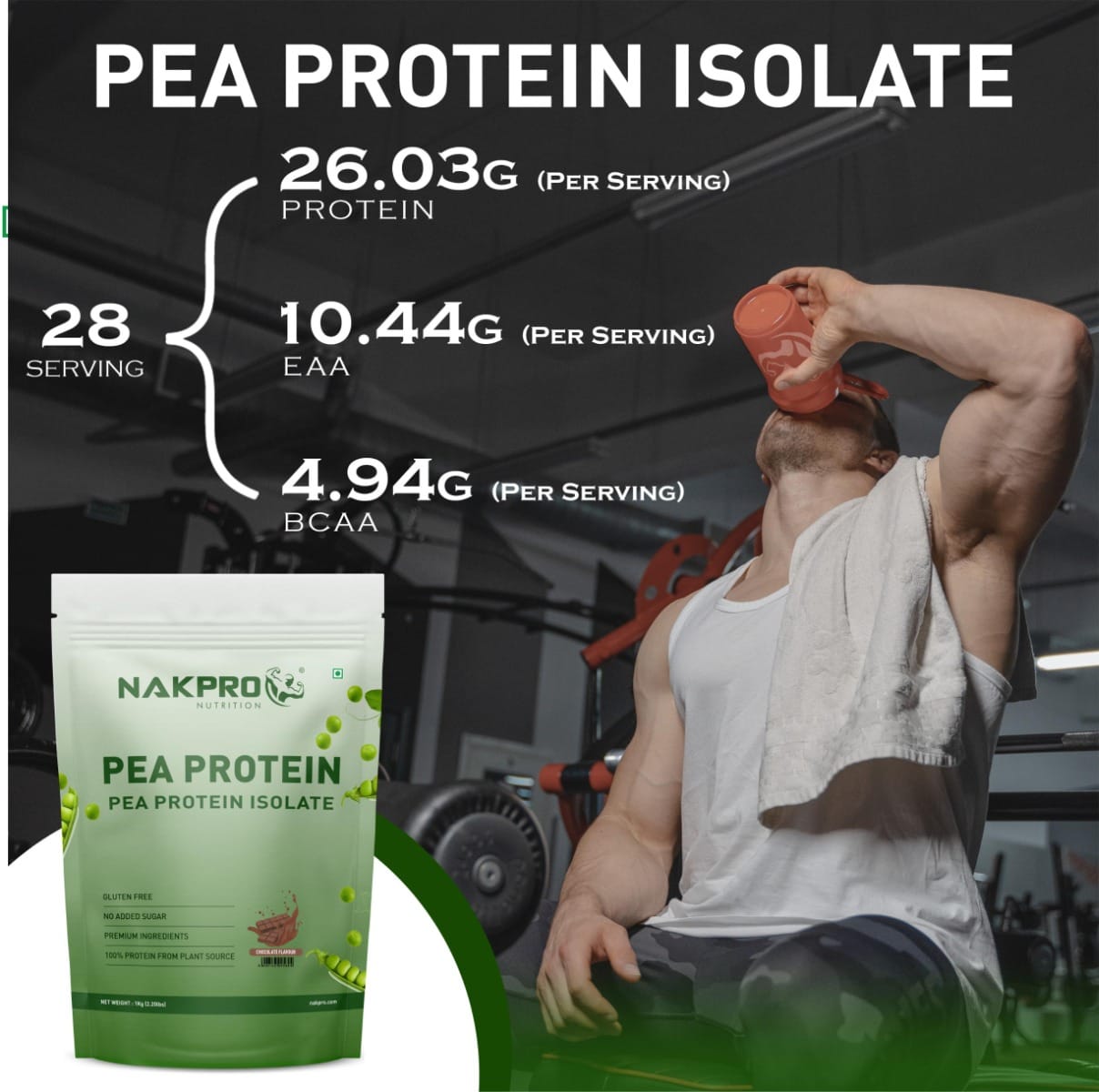 NAKPRO 100% Pea Protein Isolate, Chocolate - 1kg | 26g Protein, 4.9g ...