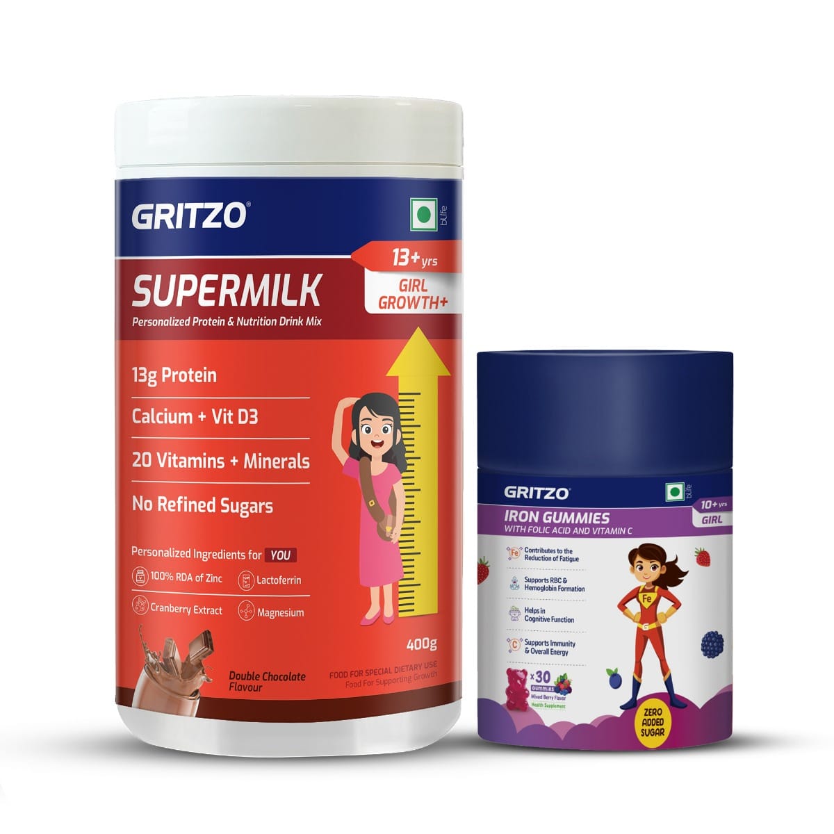

Gritzo SuperMilk Growth+ (Formerly Height+) (13+y Girls) with Iron Gummies (Mixed Berry Flavour, 30 Gummies) | Pack of 2 (Double Chocolate, 400g)