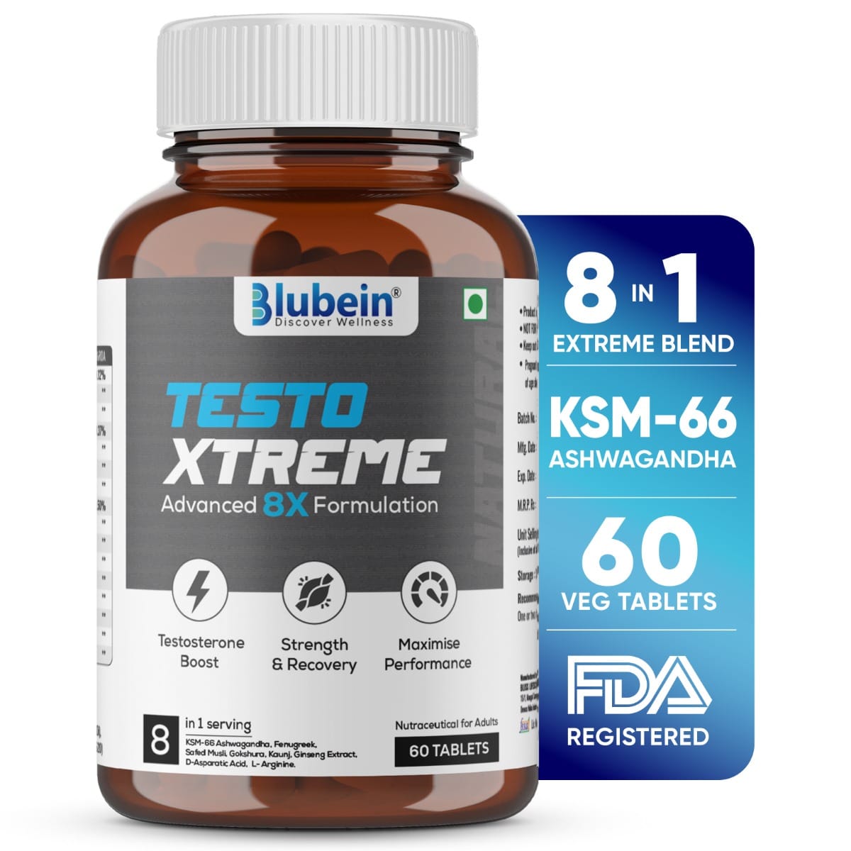 Blubein Testo Xtreme | Natural Testosterone Support for Men with KSM-66 Ashwagandha & 8 Herbal Extracts | Supports Muscle Growth, Strength, and Stamina - 60 Veg Tablets