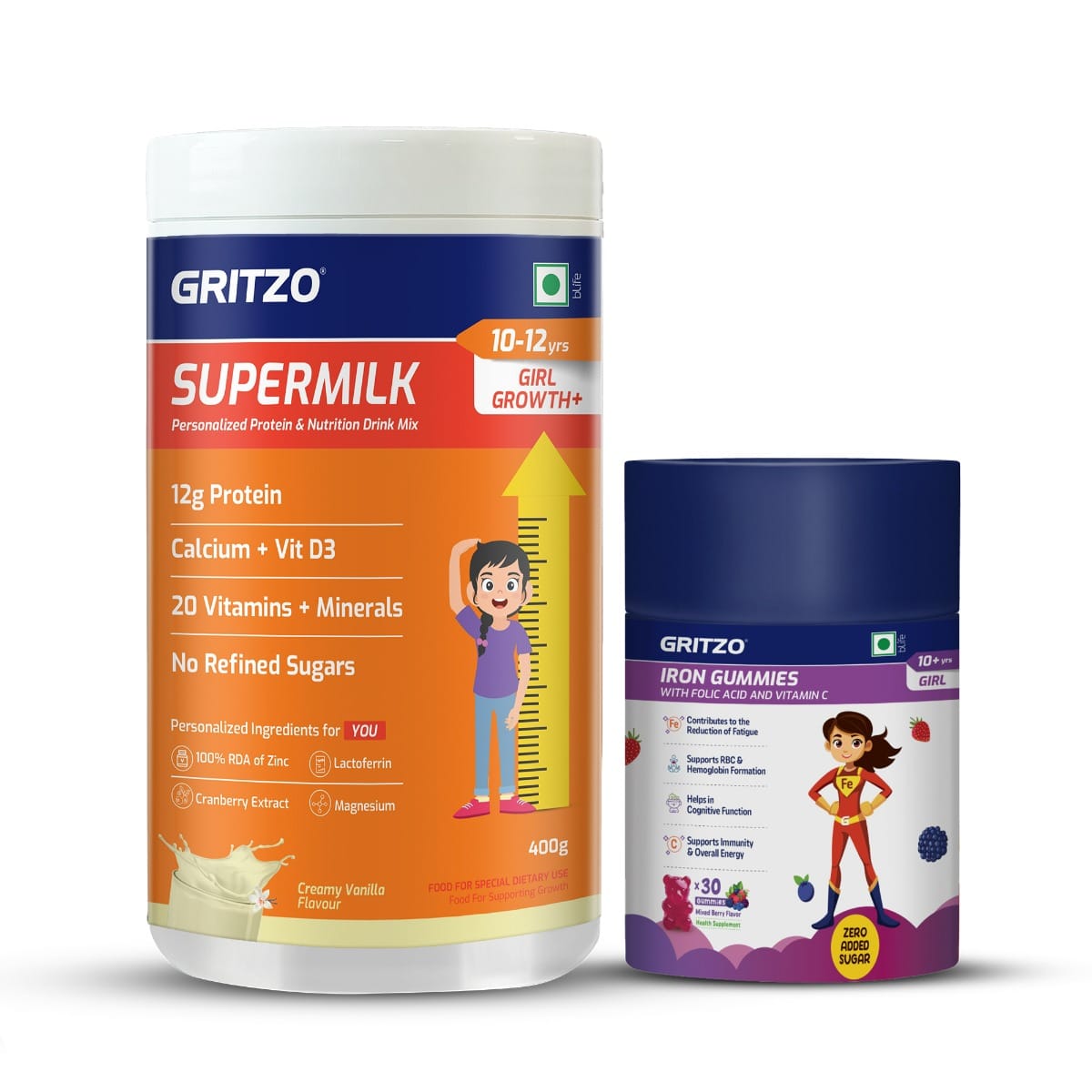 

Gritzo SuperMilk Growth+ (Formerly Height+) (10-12y Girl) with Iron Gummies (Mixed Berry Flavour, 30 Gummies) | Pack of 2 (Creamy Vanilla, 400g)