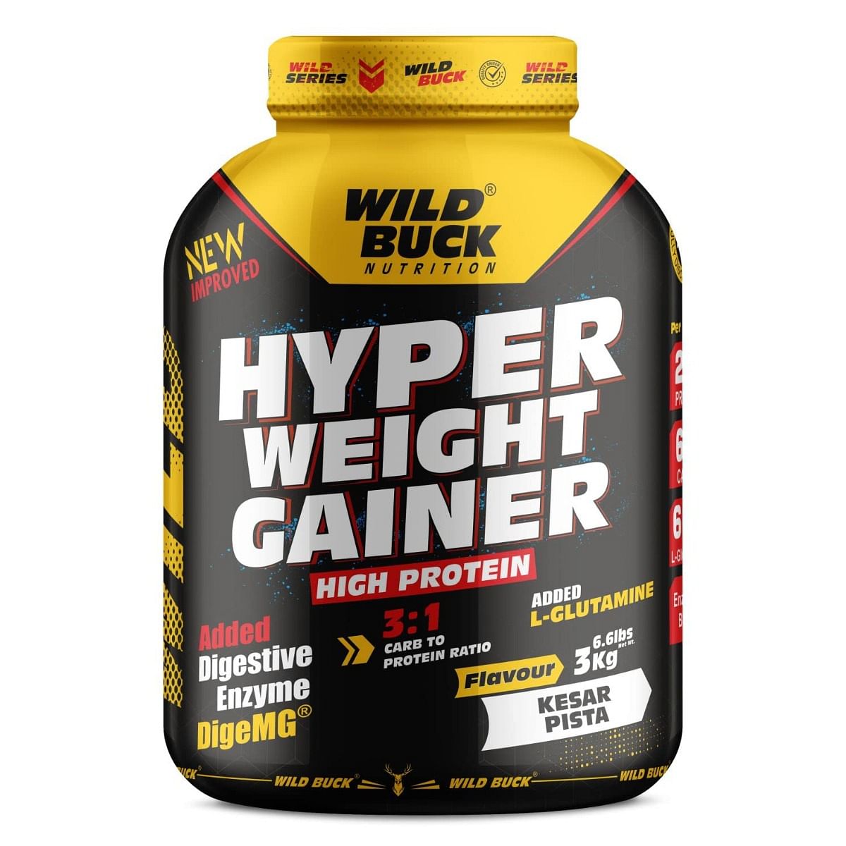 

WILD BUCK Hyper Weight Gainer With Protein,Glutamine,Minerals & Enzymes For Massive Gain Weight Gainers/Mass Gainers (3 kg, Kesar Pista)