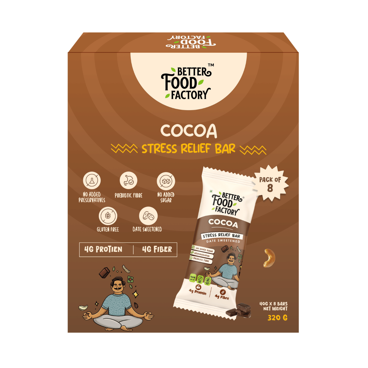 

Better Food Factory Cocoa Stress Relief Energy Bar Pack of 8