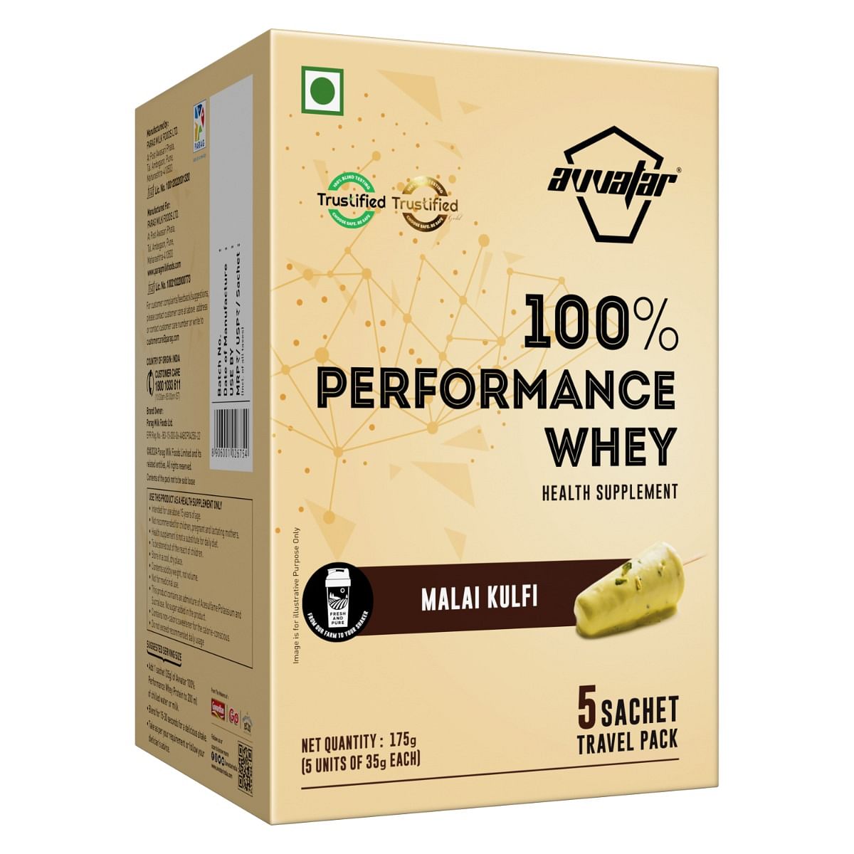 

Avvatar PERFORMANCE WHEY PROTEIN | (5x35g) Travel Pack | Malai Kulfi Flavour | 27.5g Protein