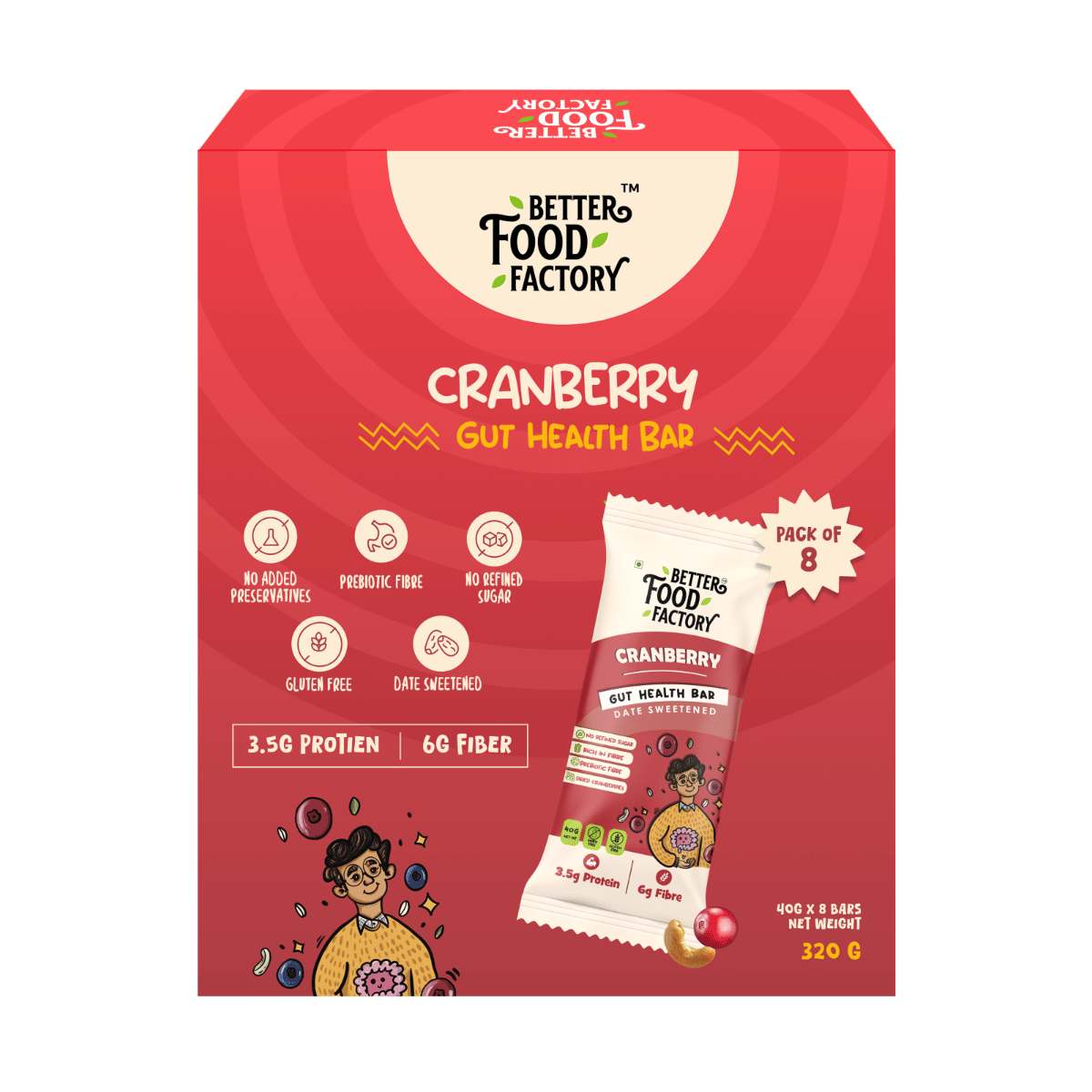 

Better Food Factory Cranberry Gut Health Energy Bar - 6G Fibre Pack of 8