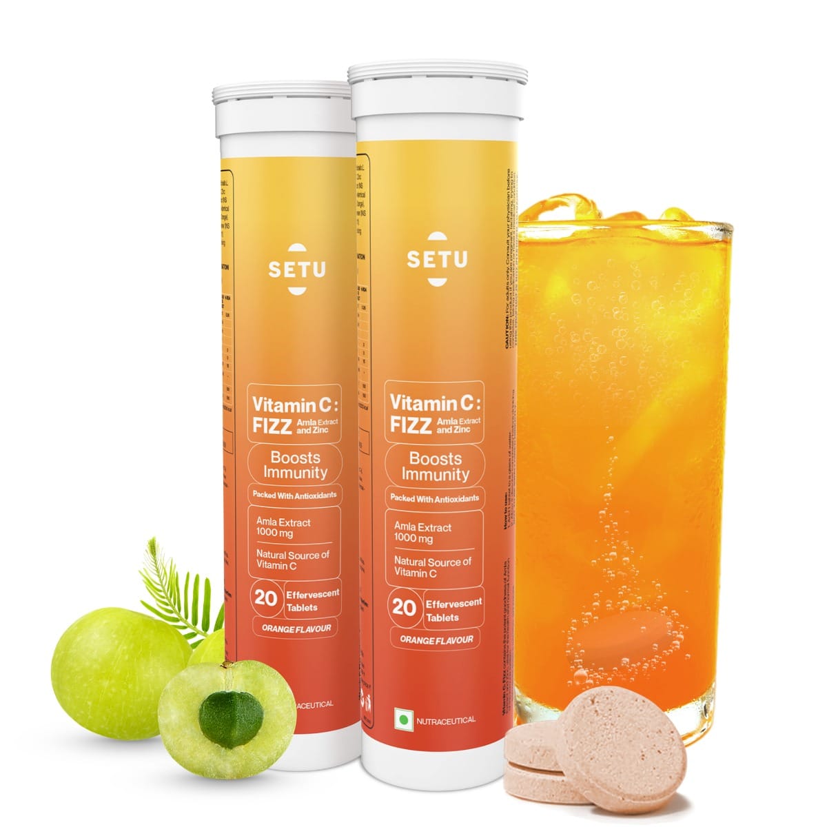 

Setu Vitamin C: Fizz - 20 Effervescent Tablets (Pack of 2) | Amla Extract and Zinc, Boost Immunity, Skin | Orange Flavour