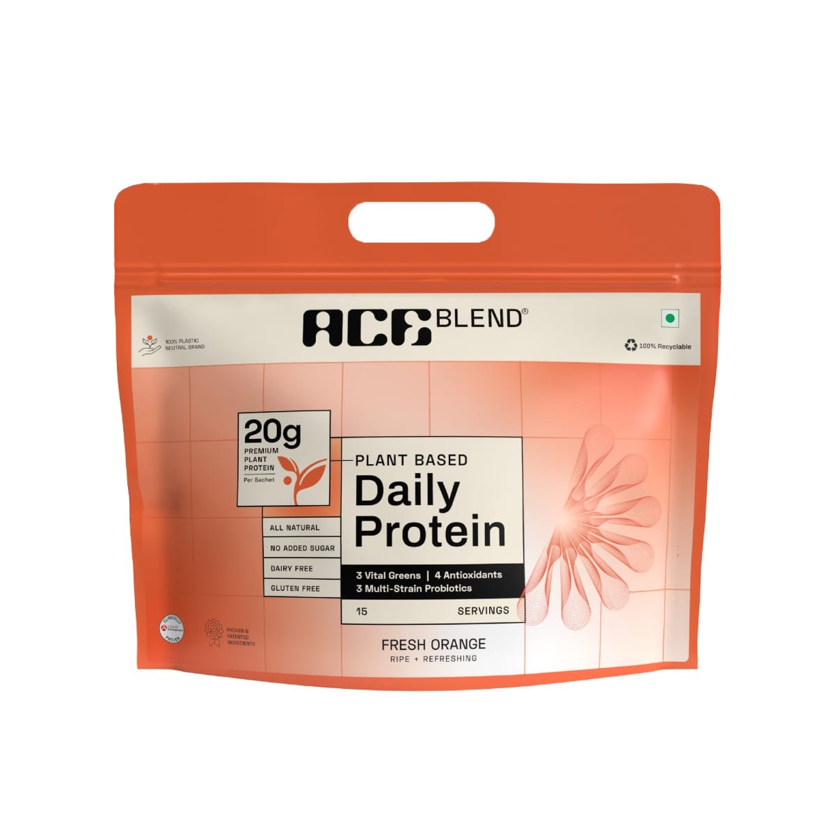 

Ace Blend DAILY 20G Premium Plant Protein & Superfoods | Orange Flavour | Daily Protein | 4 Vital Greens | 4 Antioxidants | 3 Probiotics | Blended ...