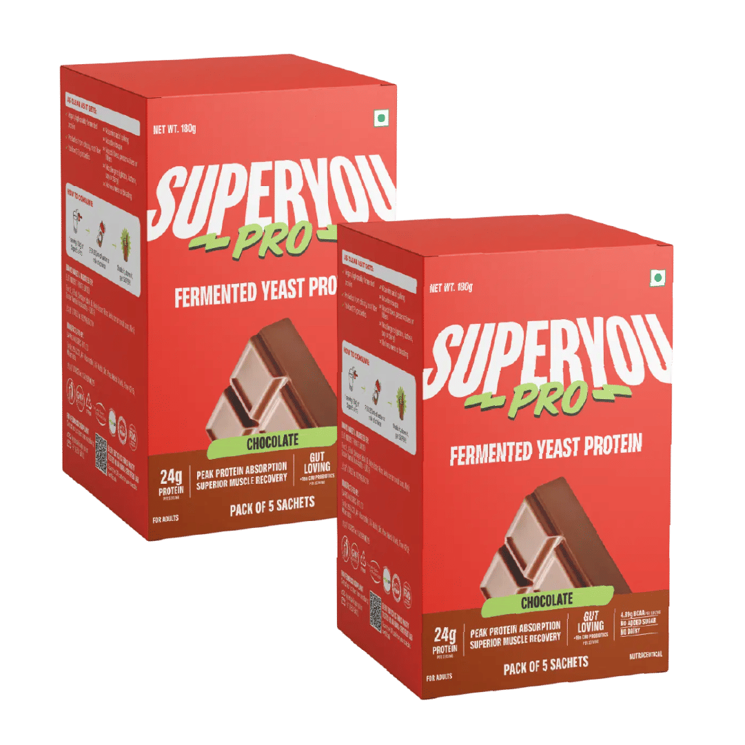 

Superyou Pro Fermented Yeast Protein(Pack of 5) | 24g Protein| Chocolate | Peak Absorption | Superior Muscle Recovery | Gut Friendly + 1Bn CFU Prob...