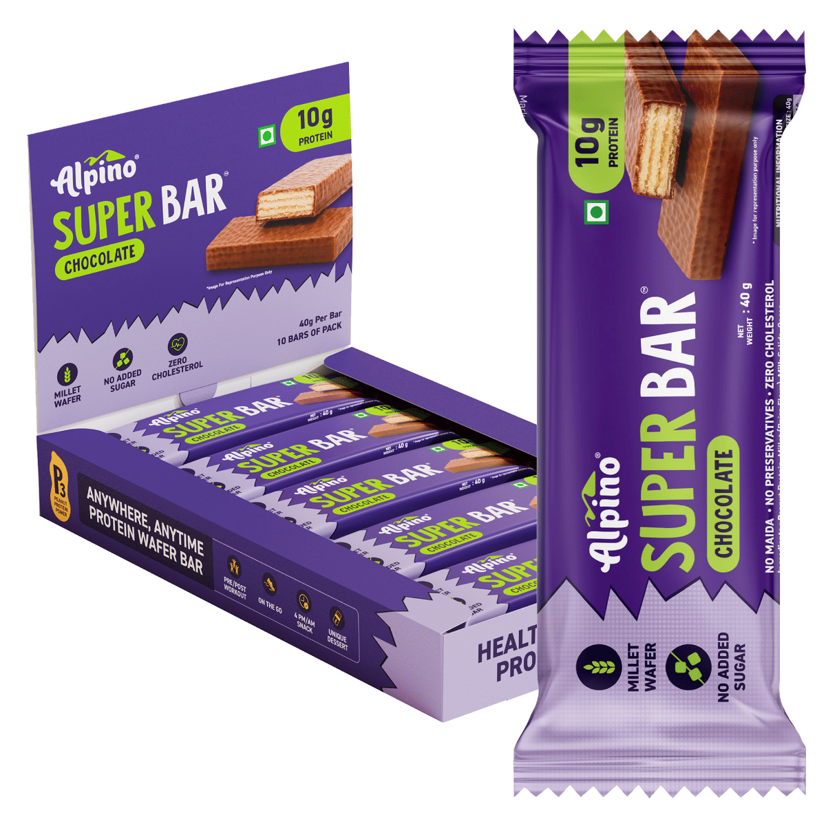 

ALPINO 10g High Protein Super Waffer Bar Chocolate 40g, Pack of 10 - 100% Millet Waffer, No Maida, No Added Sugar - Source of Dietary Fibre, Health...