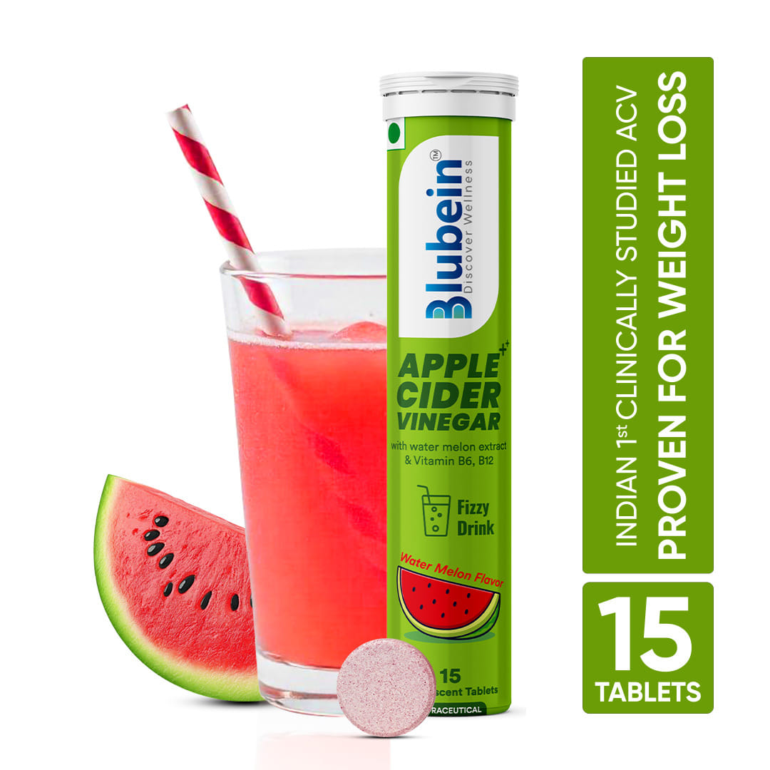 Blubein APPLE CIDER VINEGAR Effervescent Tablets | India’s First Clinically Proven ACV for Weight Loss | With Vitamin B6 & B12 | Watermelon Flavor | Enhances Digestion | 15 Tablets