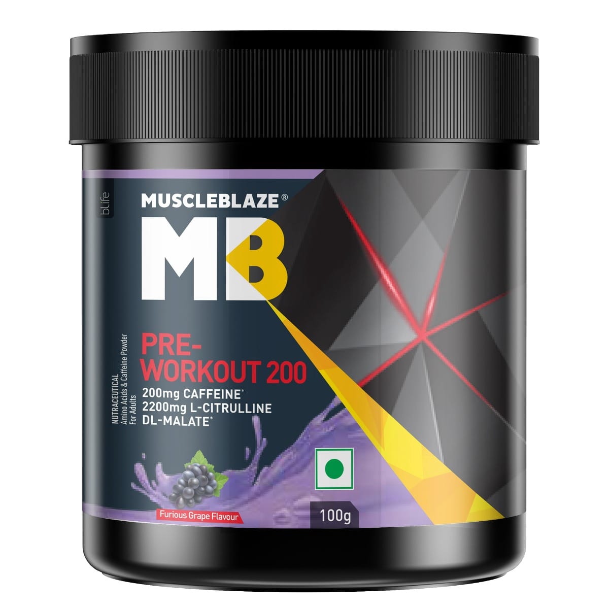 

MuscleBlaze Pre Workout 200 | 200mg Caffeine, 2200mg Citrulline (Furious Grape, 20 Servings, 100g)