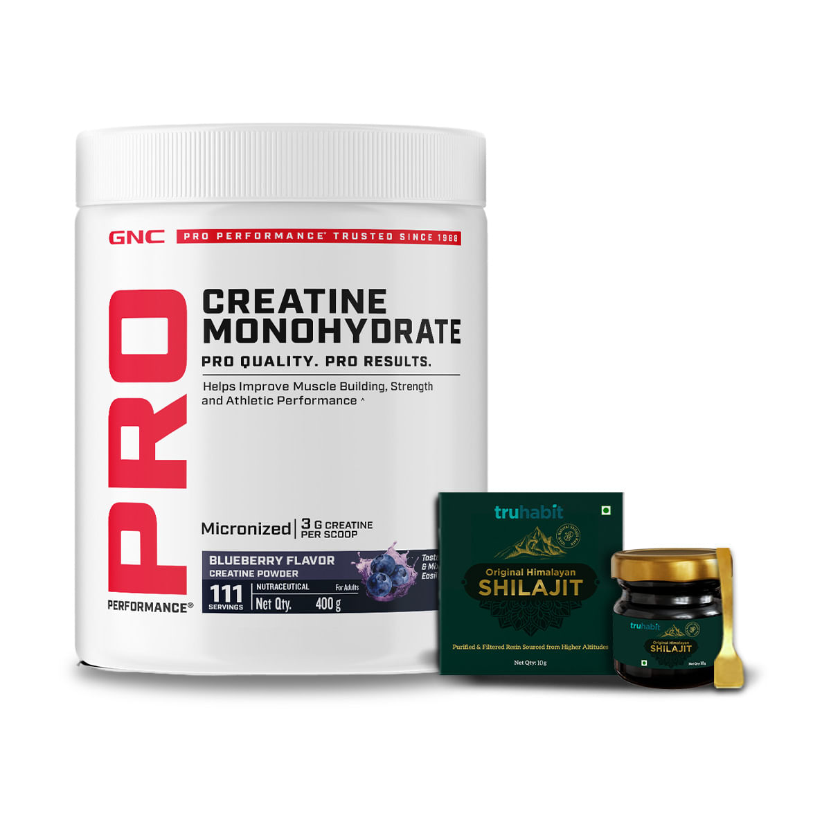 

GNC PP Pure Micronized Creatine Monohydrate with Free Shilajit | 400 gm & Truhabit 10 gm Shilajit | Blueberry