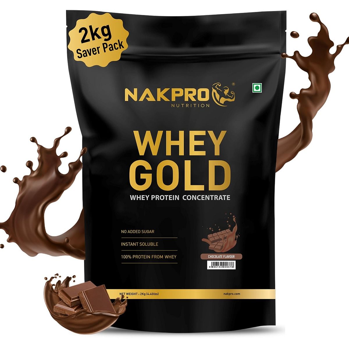 

NAKPRO Gold Whey Protein Concentrate 2kg Chocolate | 25.5g Protein, 5.6g BCAA | Trustified Certified 100% Authentic Supplement Powder & No Adultera...