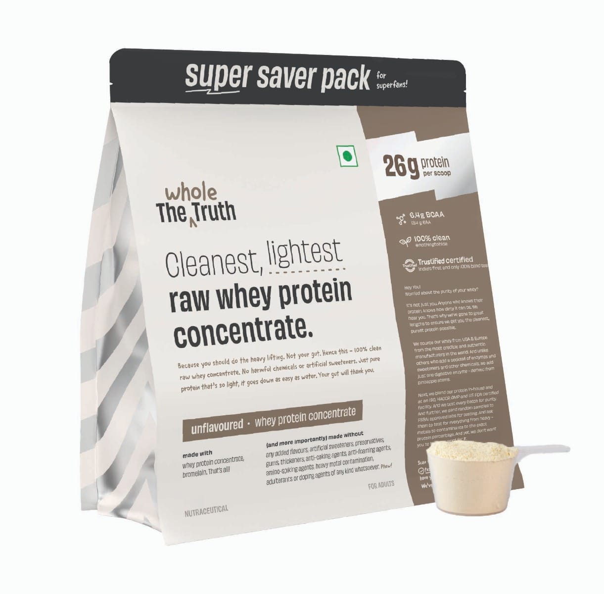 

The Whole Truth Whey Protein Concentrate Unflavoured | 2 kg (4.4 lbs) | 26g Protein per scoop | 6.4g BCAA | 100% Authentic Whey & No Adulteration |...